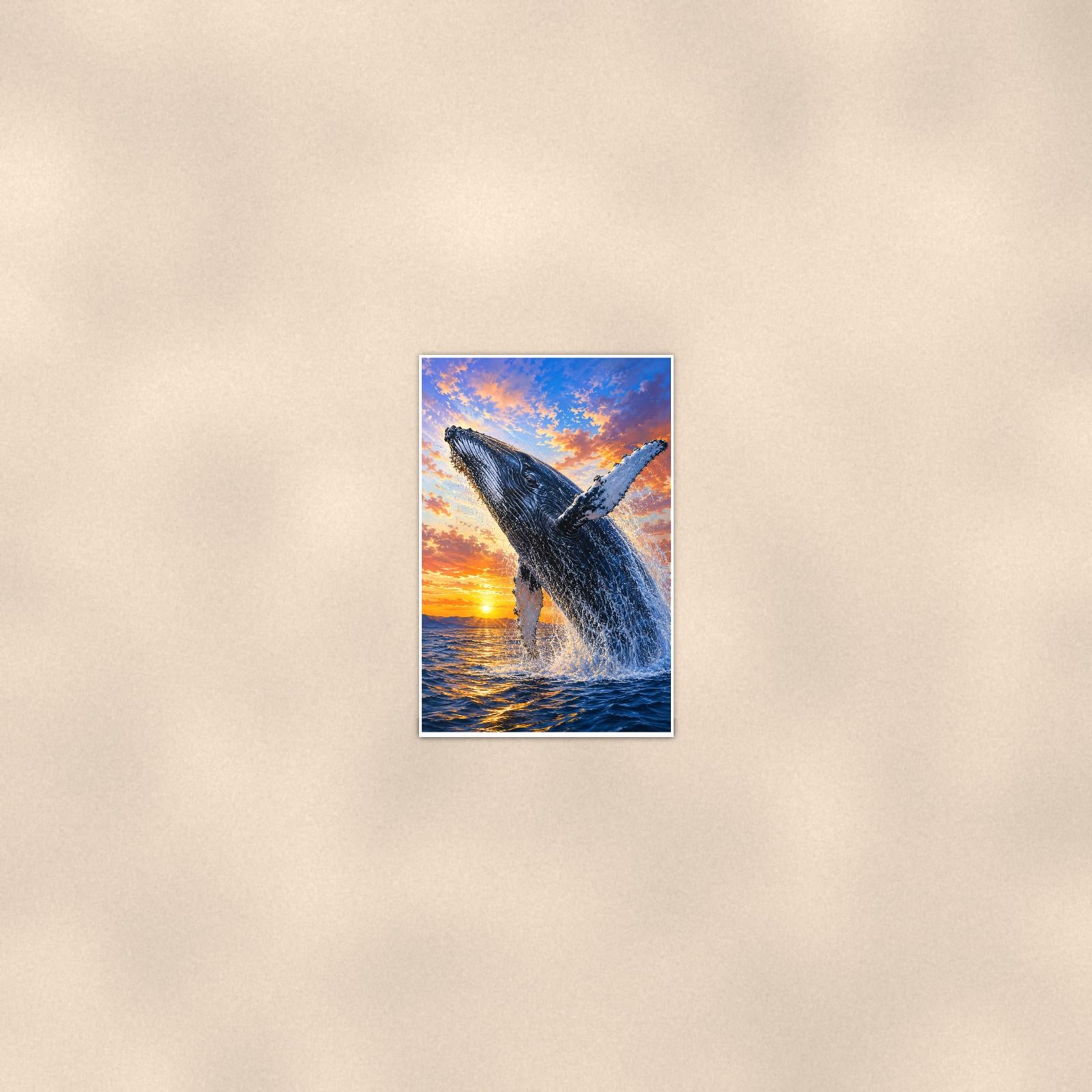 Humpback Whale Breaching — 24x36 in art print poster, premium luster paper with a white border; poster seen from further back, at true 24x36 in scale on a warm wall.