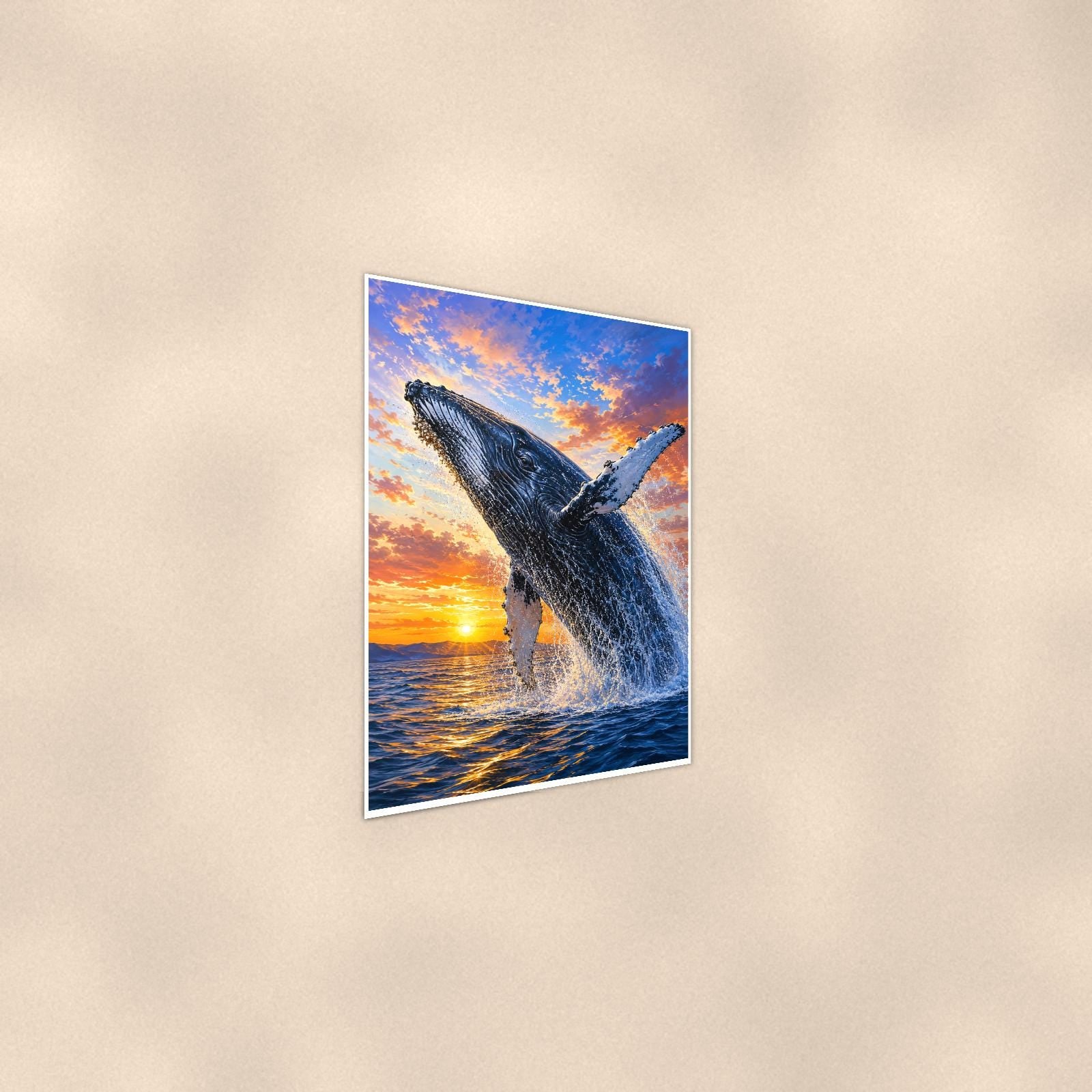 Humpback Whale Breaching — 24x36 in art print poster, premium luster paper with a white border; steeper three-quarter angle on a warm wall, catching the luster sheen.