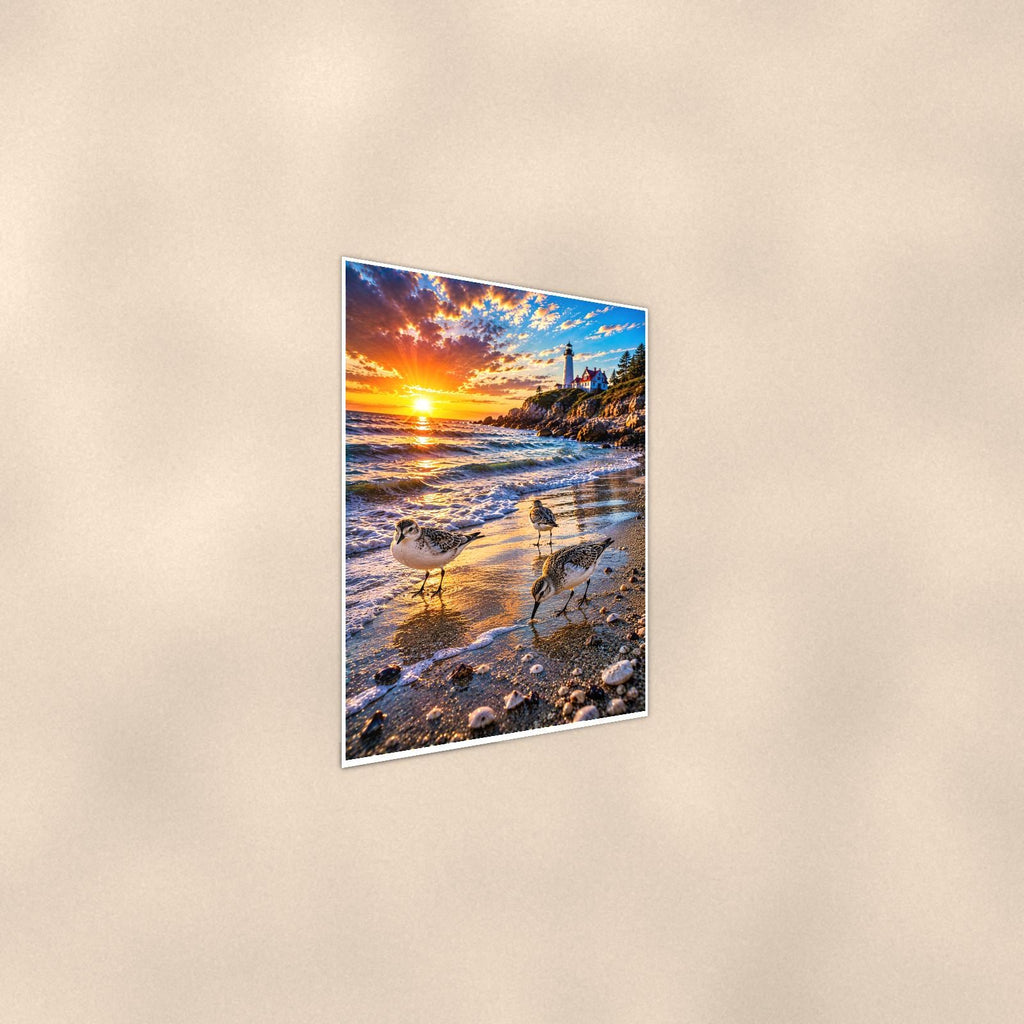 Tidepool Scene — 24x36 in art print poster, premium luster paper with a white border; steeper three-quarter angle on a warm wall, catching the luster sheen.