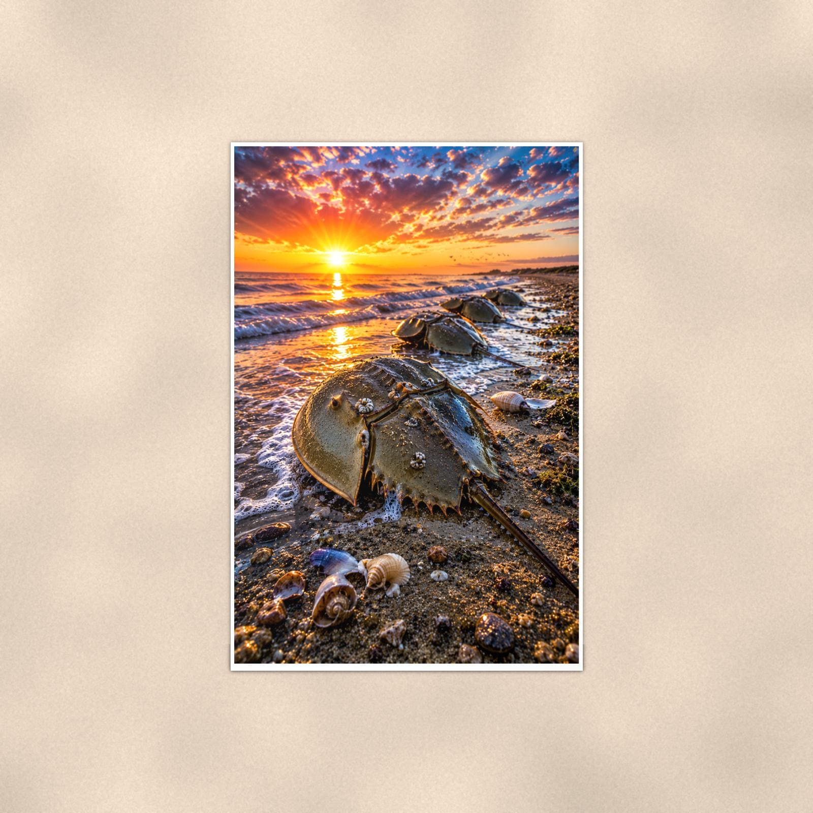Horseshoe Crab on Sand — 24x36 in art print poster, premium luster paper with a white border; poster shown straight on against a warm wall.