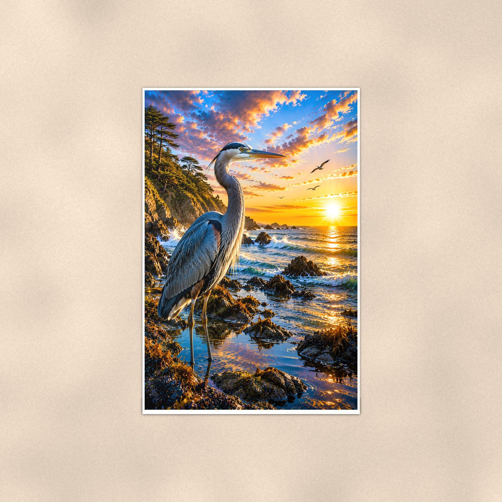 Great Blue Heron — 24x36 in art print poster, premium luster paper with a white border; poster shown straight on against a warm wall.