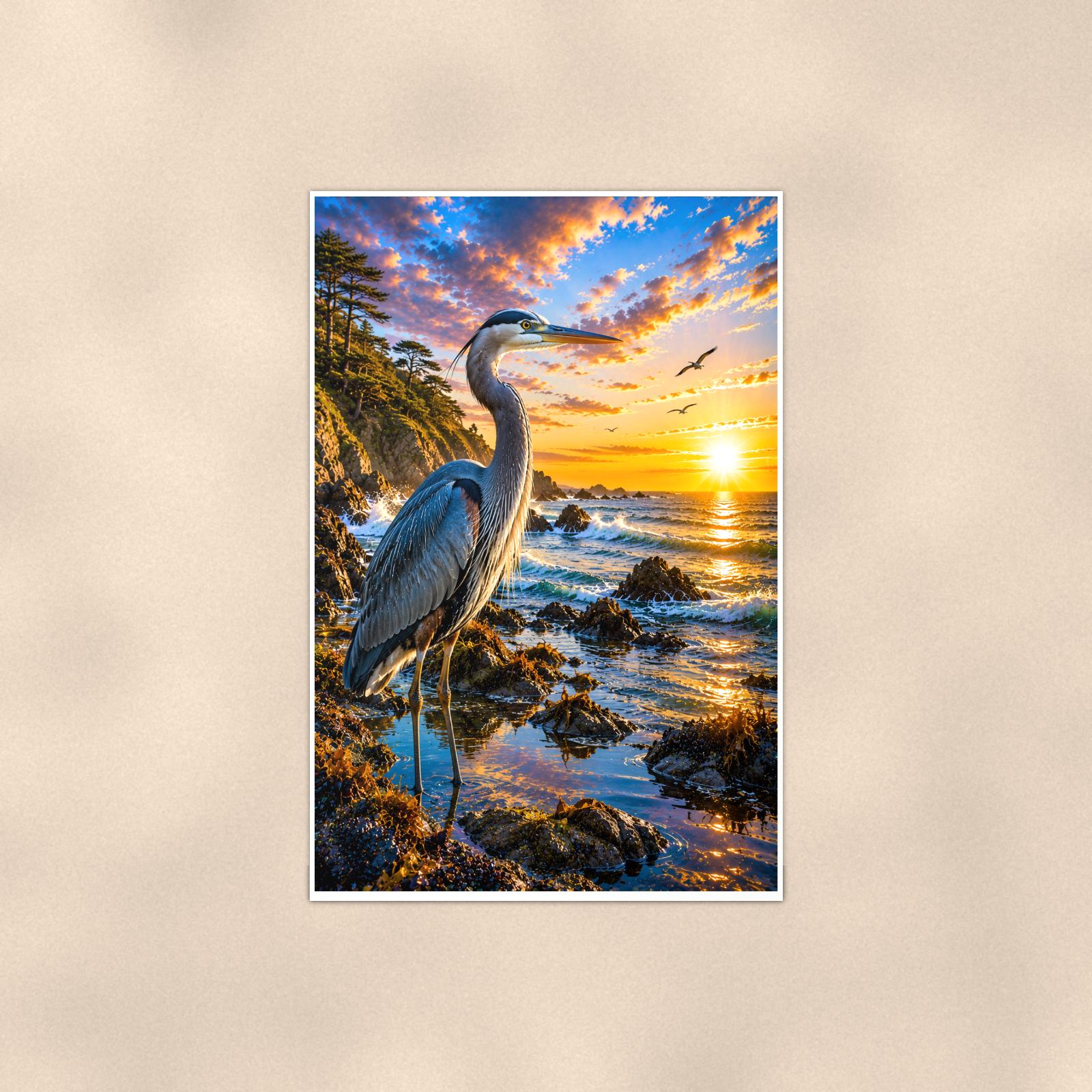 Great Blue Heron — 24x36 in art print poster, premium luster paper with a white border; poster shown straight on against a warm wall.