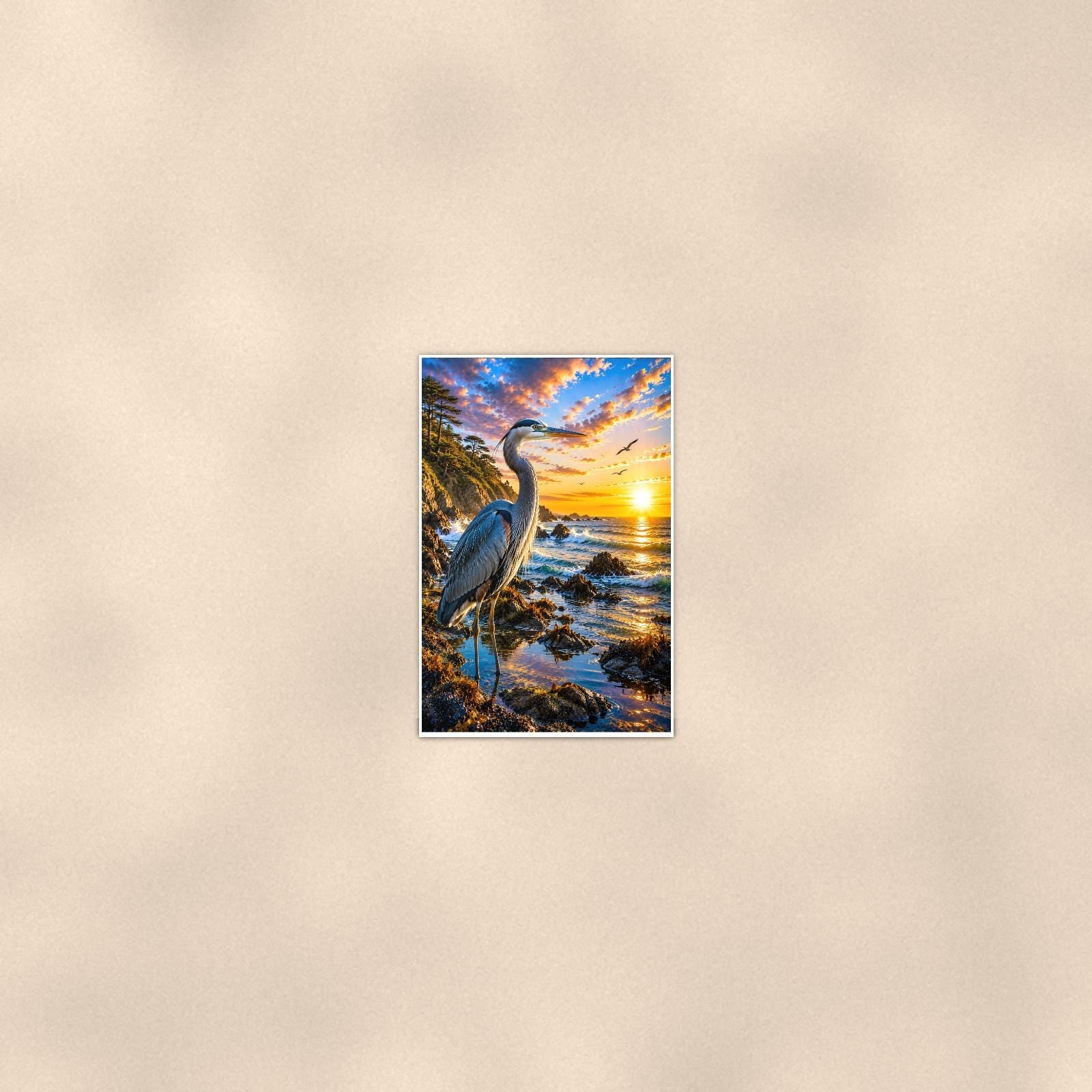 Great Blue Heron — 24x36 in art print poster, premium luster paper with a white border; poster seen from further back, at true 24x36 in scale on a warm wall.