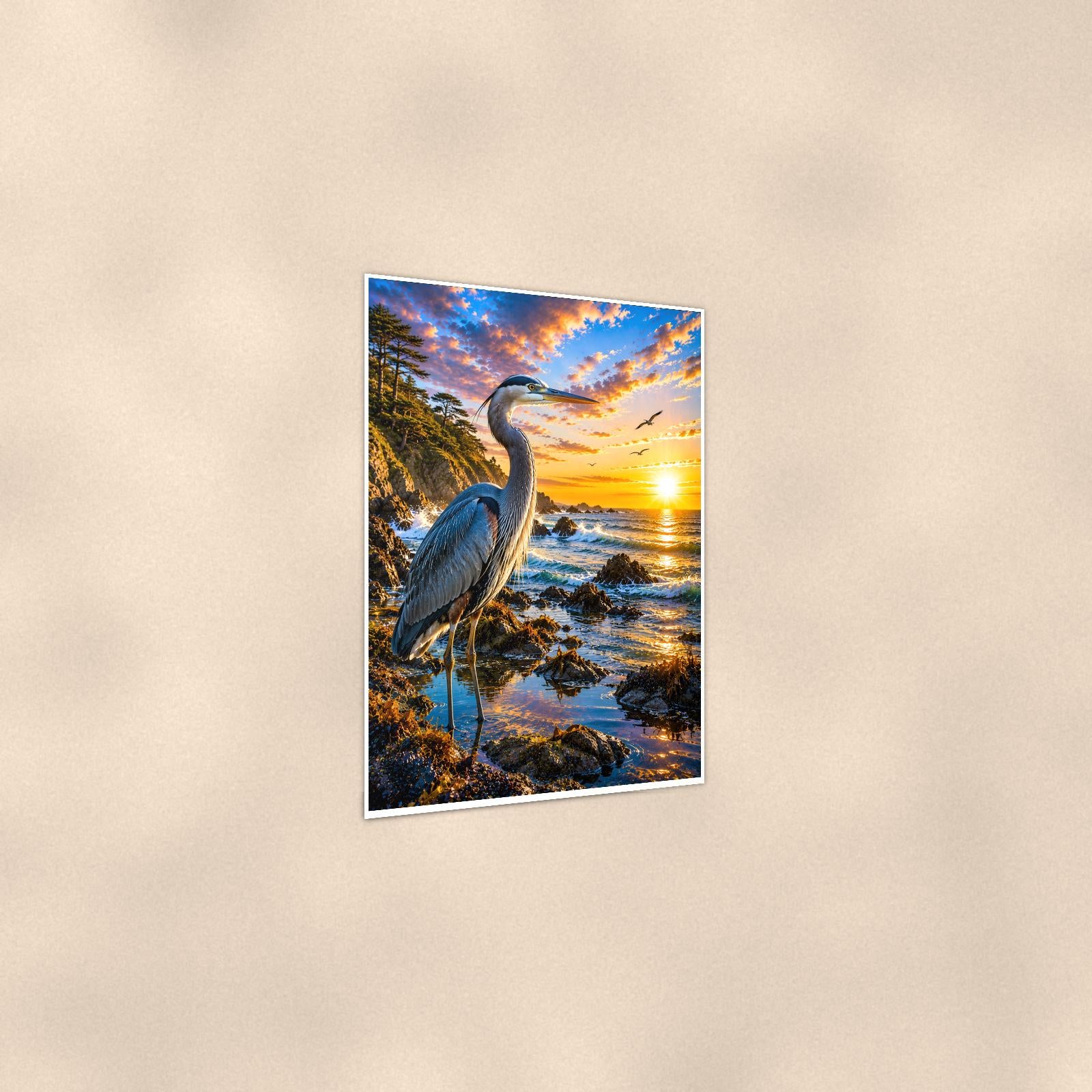 Great Blue Heron — 24x36 in art print poster, premium luster paper with a white border; gentle three-quarter angle on a warm wall, showing the flat paper edge.