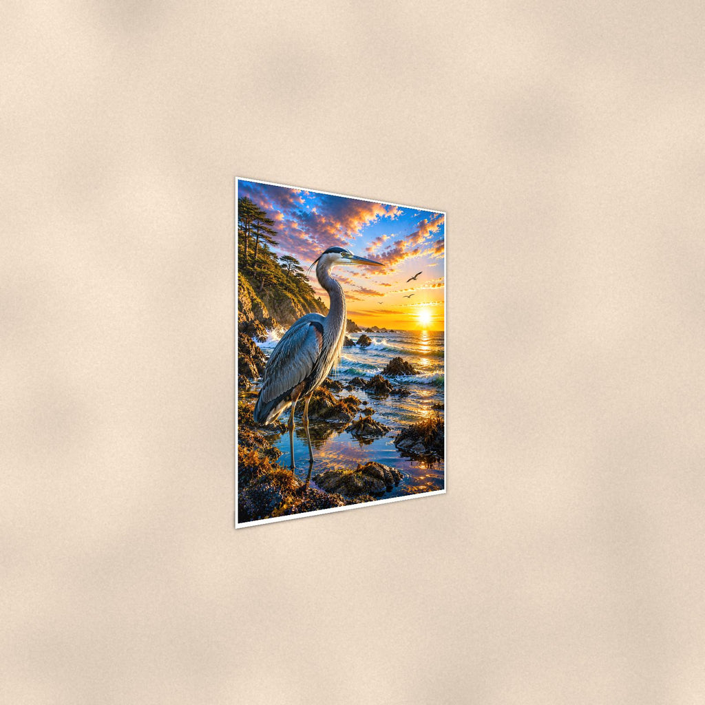 Great Blue Heron — 24x36 in art print poster, premium luster paper with a white border; steeper three-quarter angle on a warm wall, catching the luster sheen.