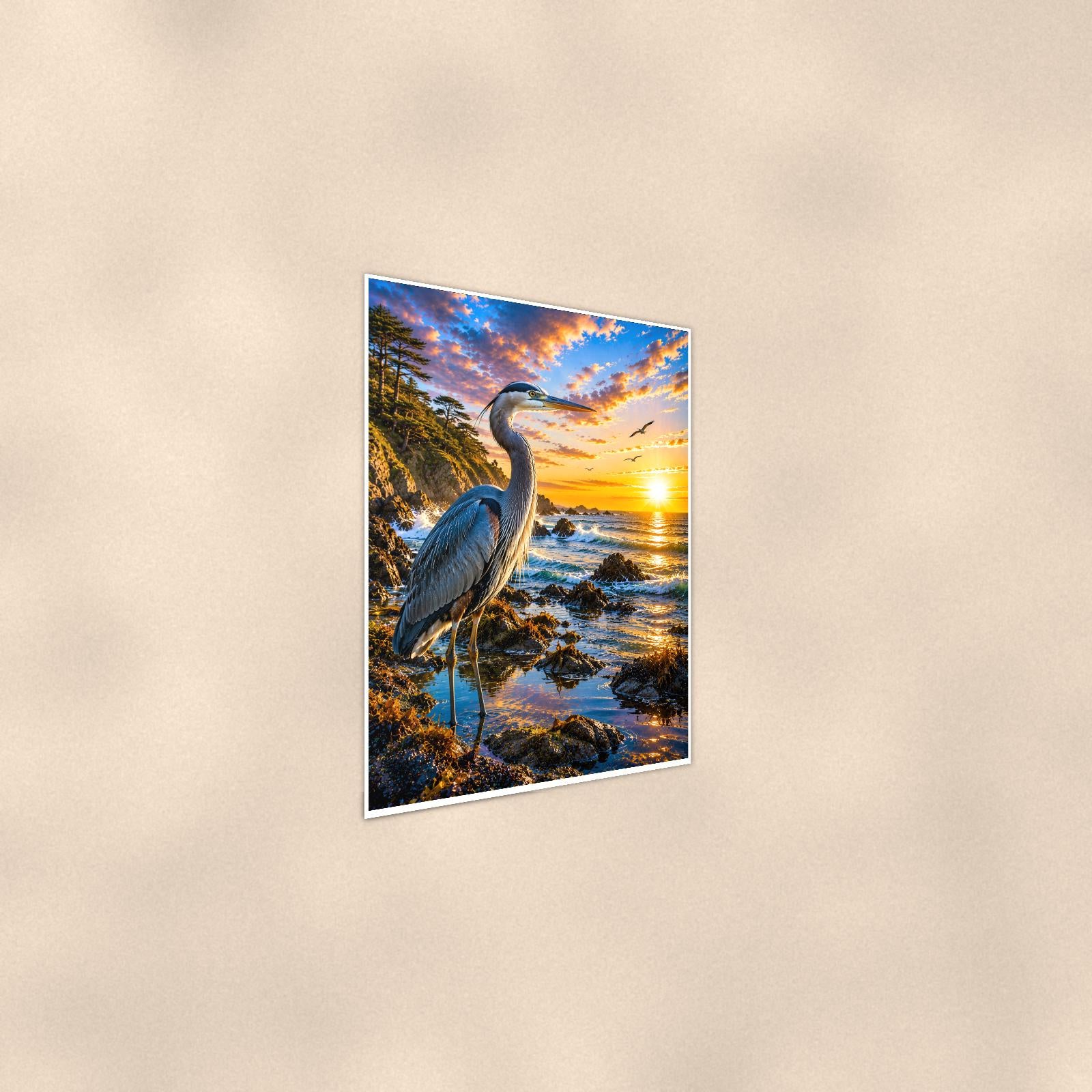 Great Blue Heron — 24x36 in art print poster, premium luster paper with a white border; steeper three-quarter angle on a warm wall, catching the luster sheen.