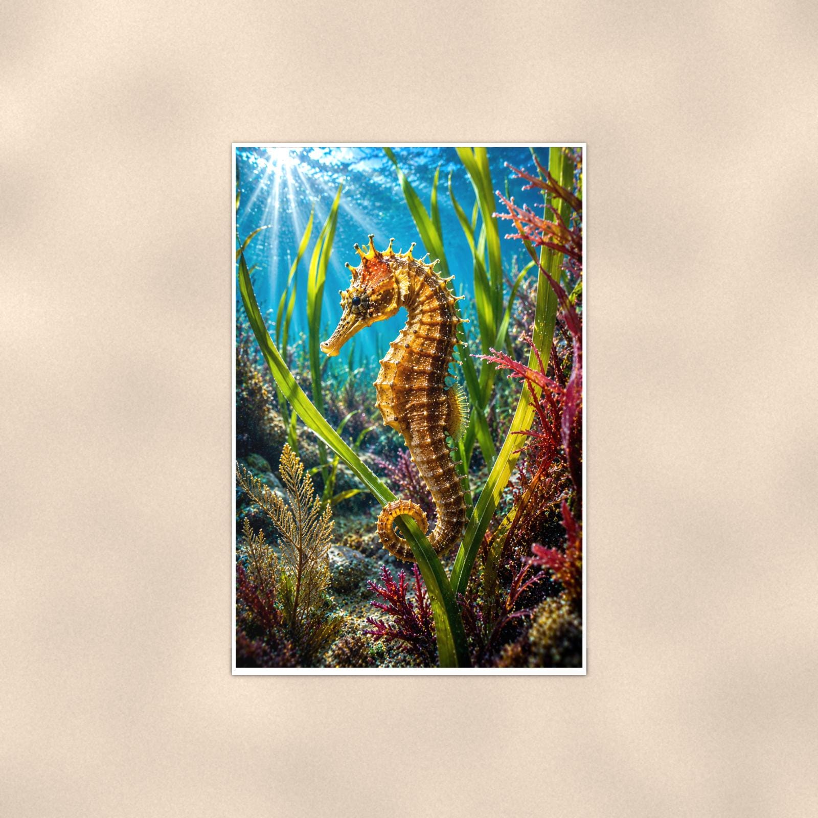 Seahorse — 24x36 in art print poster, premium luster paper with a white border; poster shown straight on against a warm wall.
