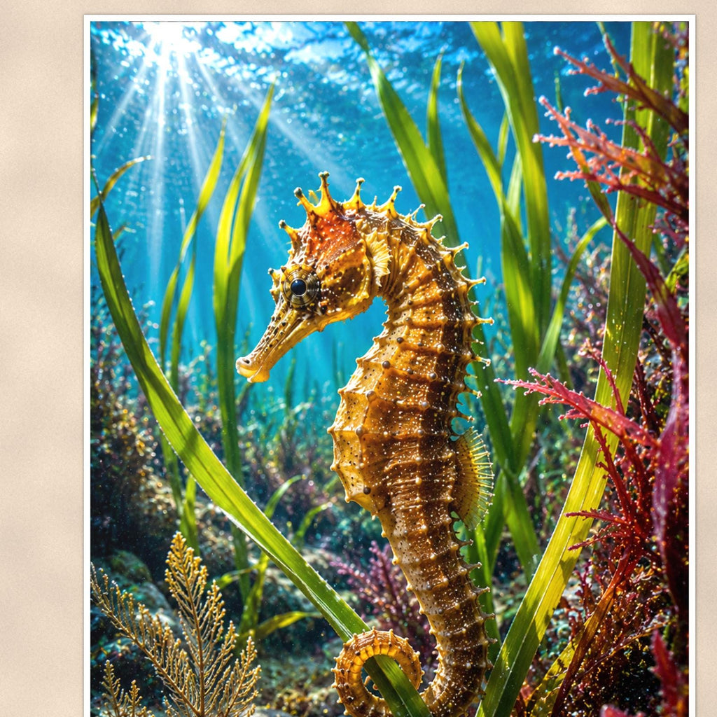 Seahorse — 24x36 in art print poster, premium luster paper with a white border; close-up framed on the main subject of the artwork, paper surface visible.