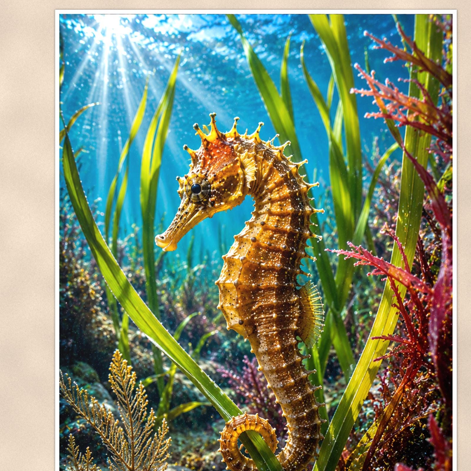 Seahorse — 24x36 in art print poster, premium luster paper with a white border; close-up framed on the main subject of the artwork, paper surface visible.