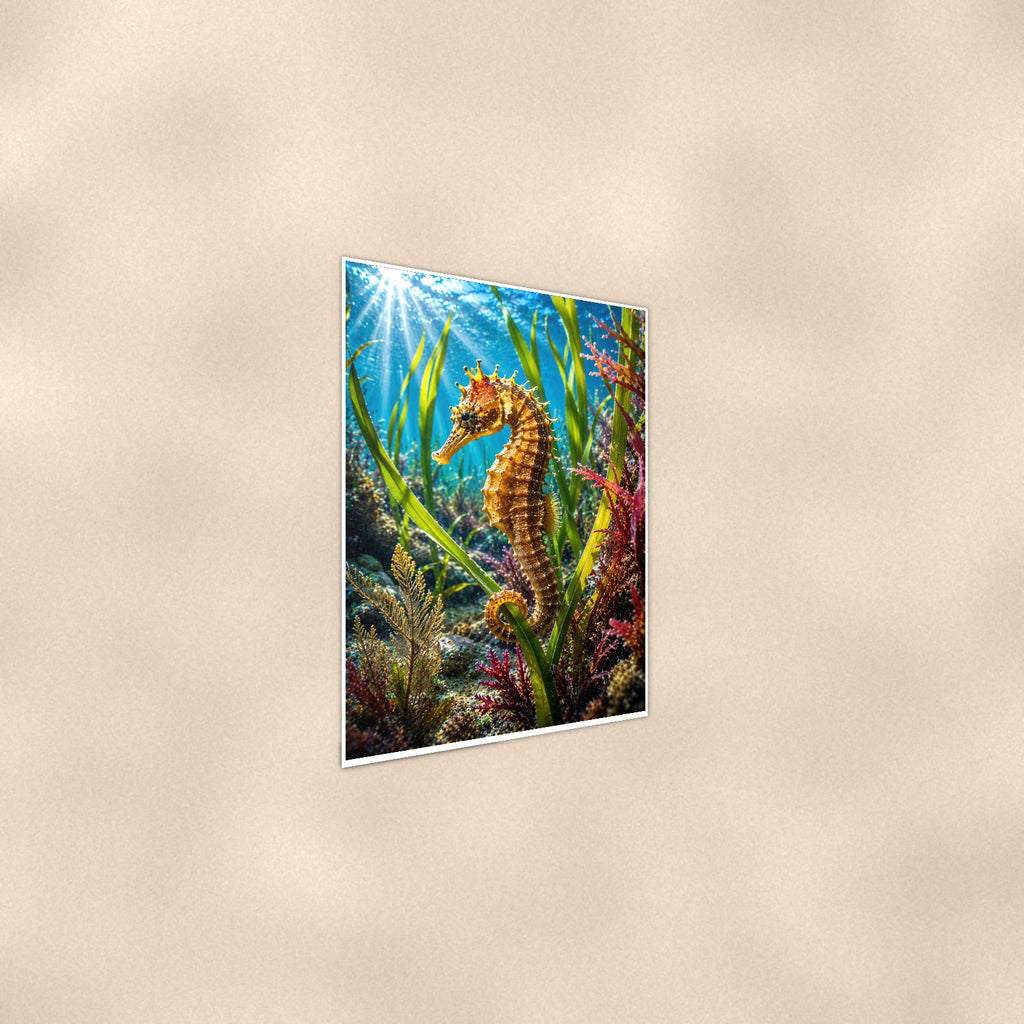 Seahorse — 24x36 in art print poster, premium luster paper with a white border; steeper three-quarter angle on a warm wall, catching the luster sheen.