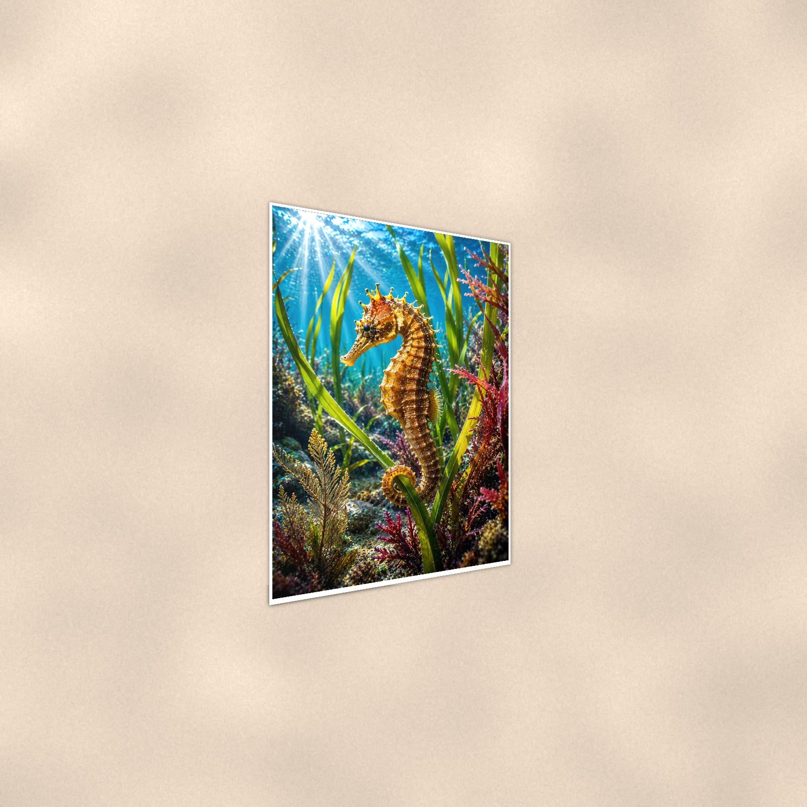 Seahorse — 24x36 in art print poster, premium luster paper with a white border; steeper three-quarter angle on a warm wall, catching the luster sheen.