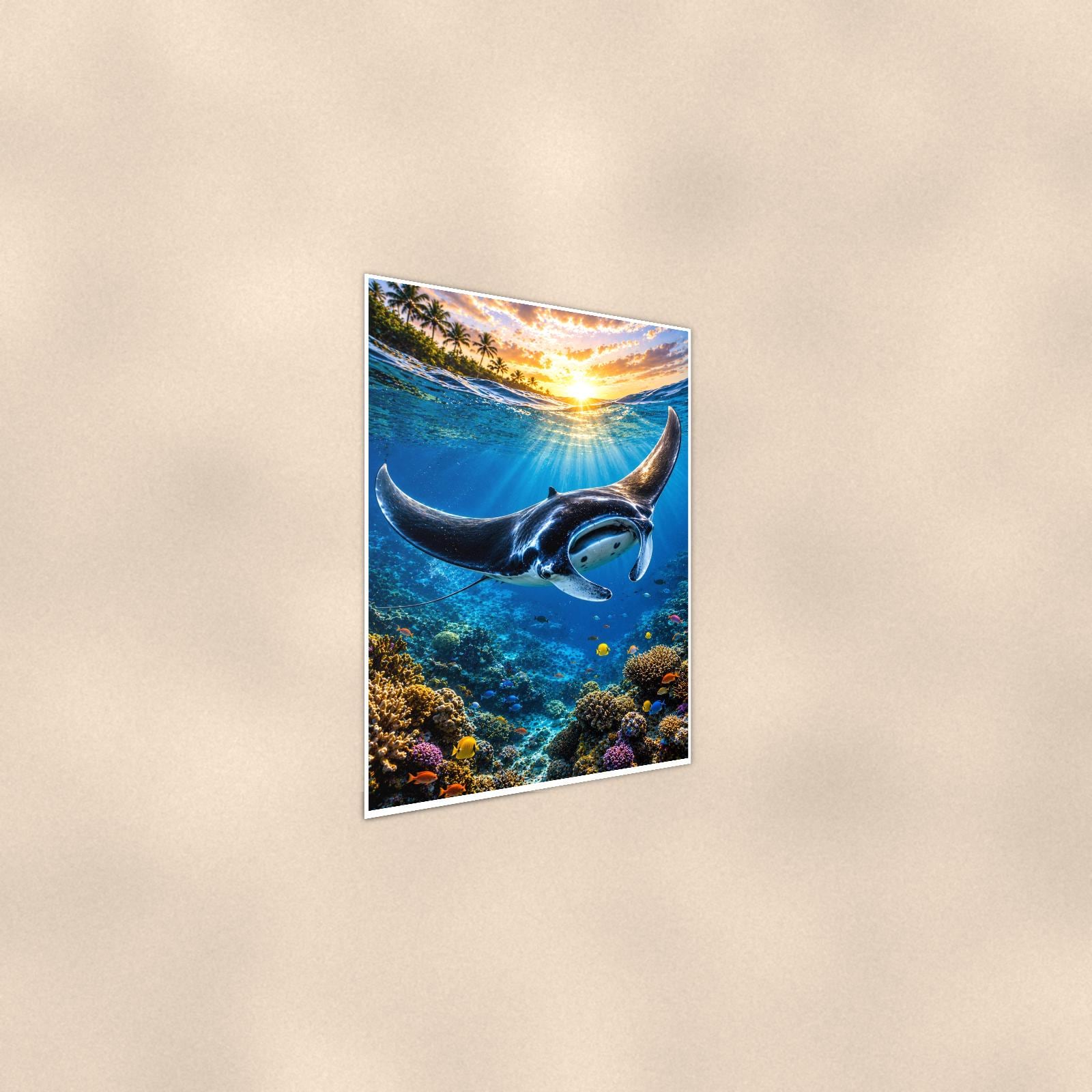 Manta Ray — 24x36 in art print poster, premium luster paper with a white border; steeper three-quarter angle on a warm wall, catching the luster sheen.