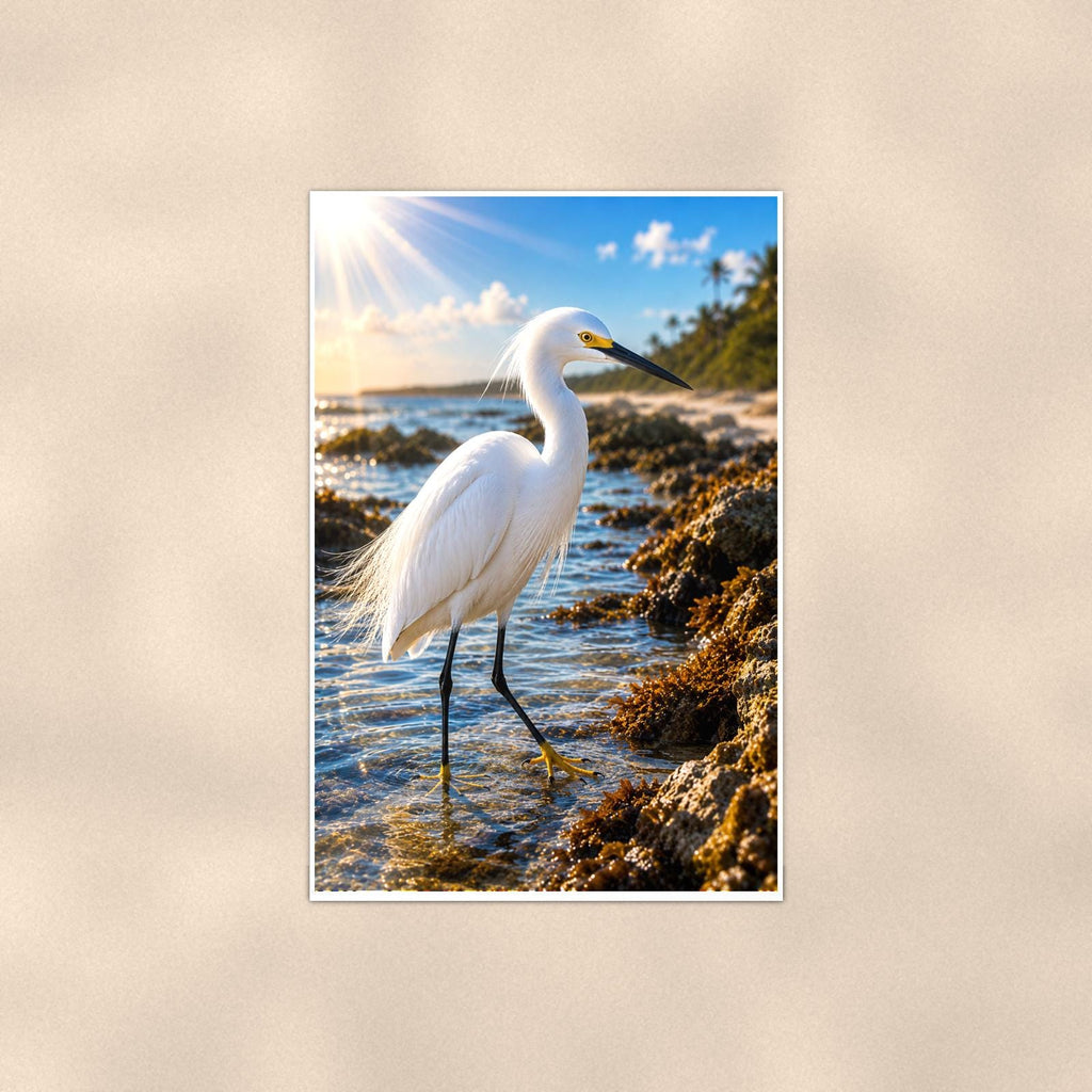Great Egret — 24x36 in art print poster, premium luster paper with a white border; poster shown straight on against a warm wall.