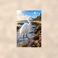 Great Egret — 24x36 in art print poster, premium luster paper with a white border; poster shown straight on against a warm wall.