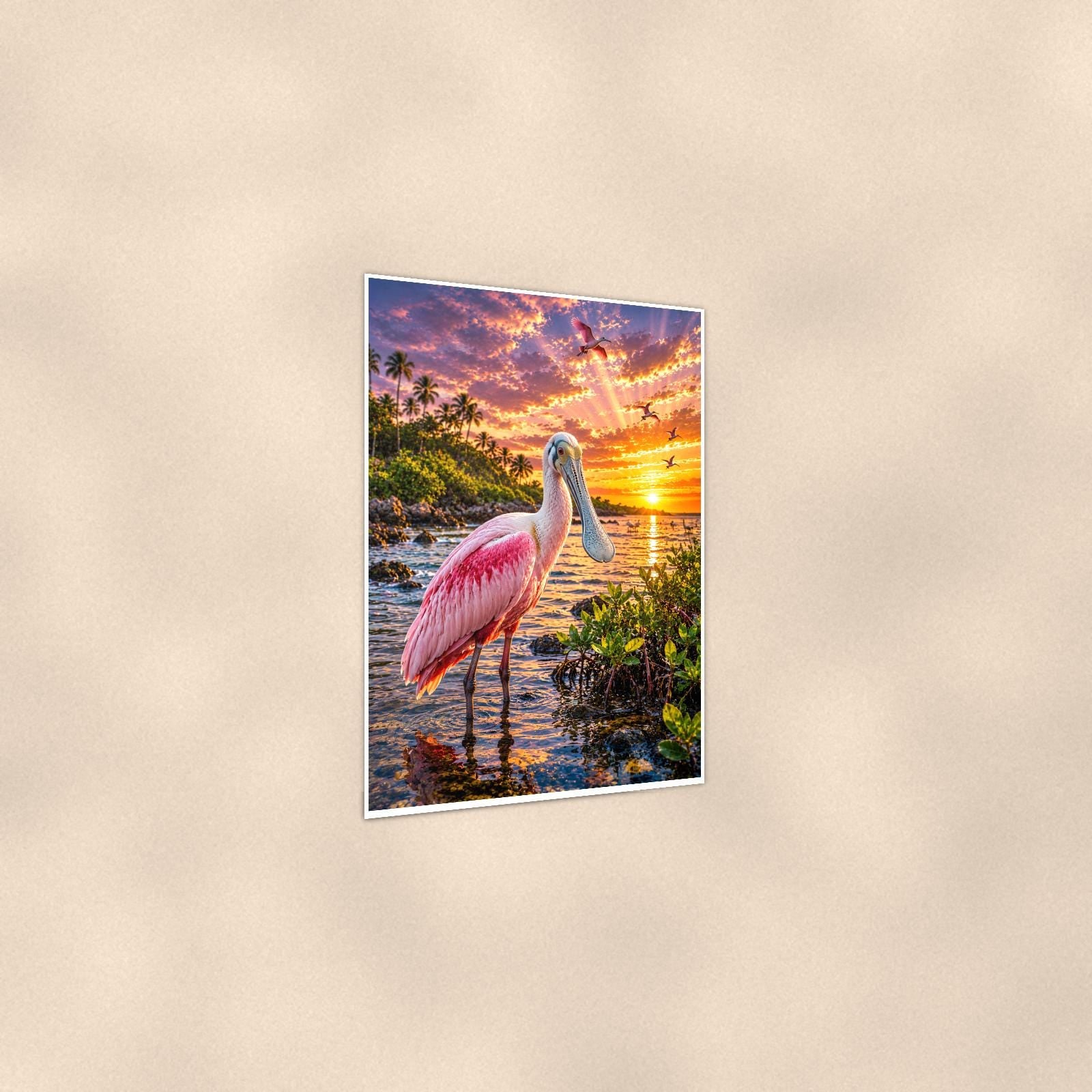 Roseate Spoonbill — 24x36 in art print poster, premium luster paper with a white border; gentle three-quarter angle on a warm wall, showing the flat paper edge.