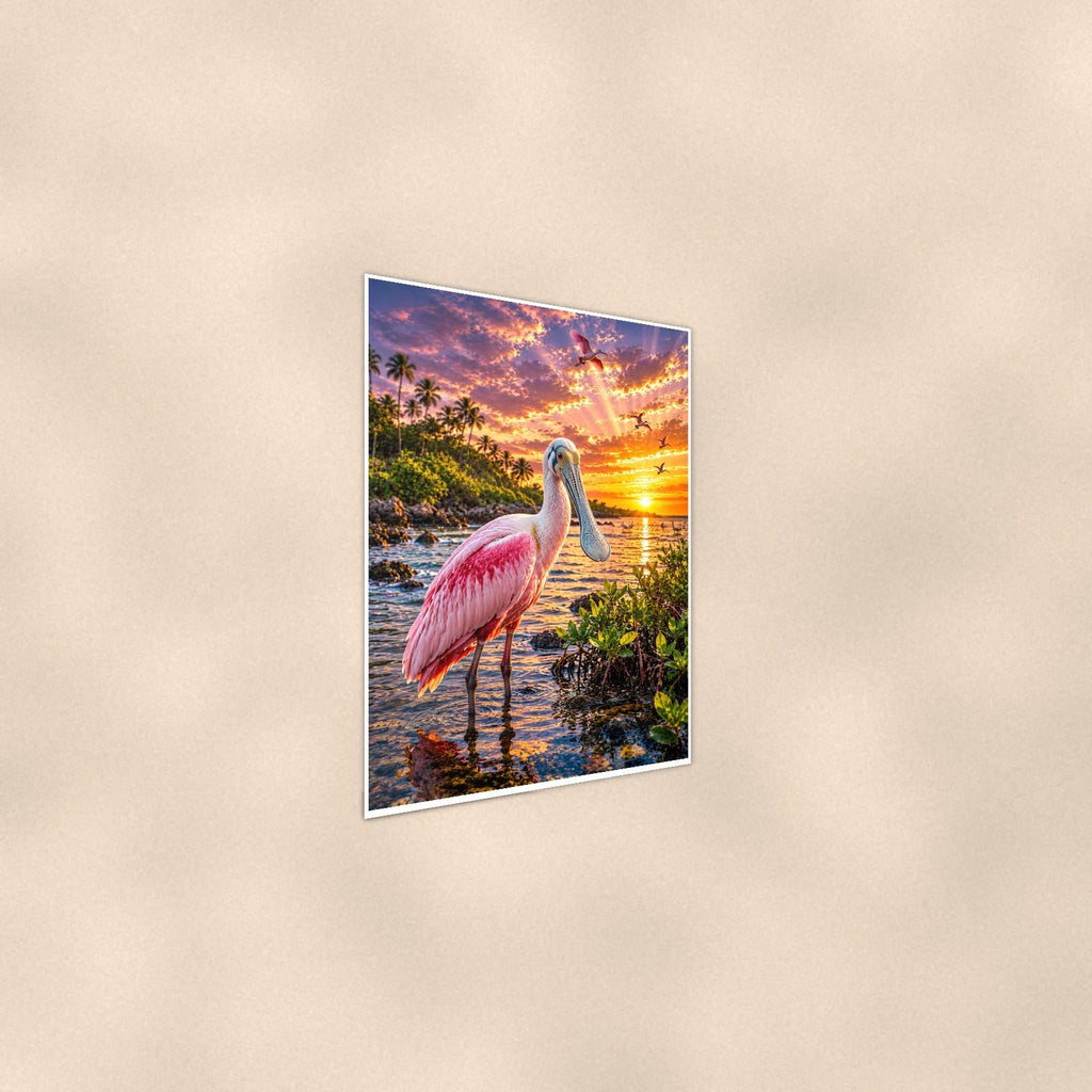 Roseate Spoonbill — 24x36 in art print poster, premium luster paper with a white border; steeper three-quarter angle on a warm wall, catching the luster sheen.