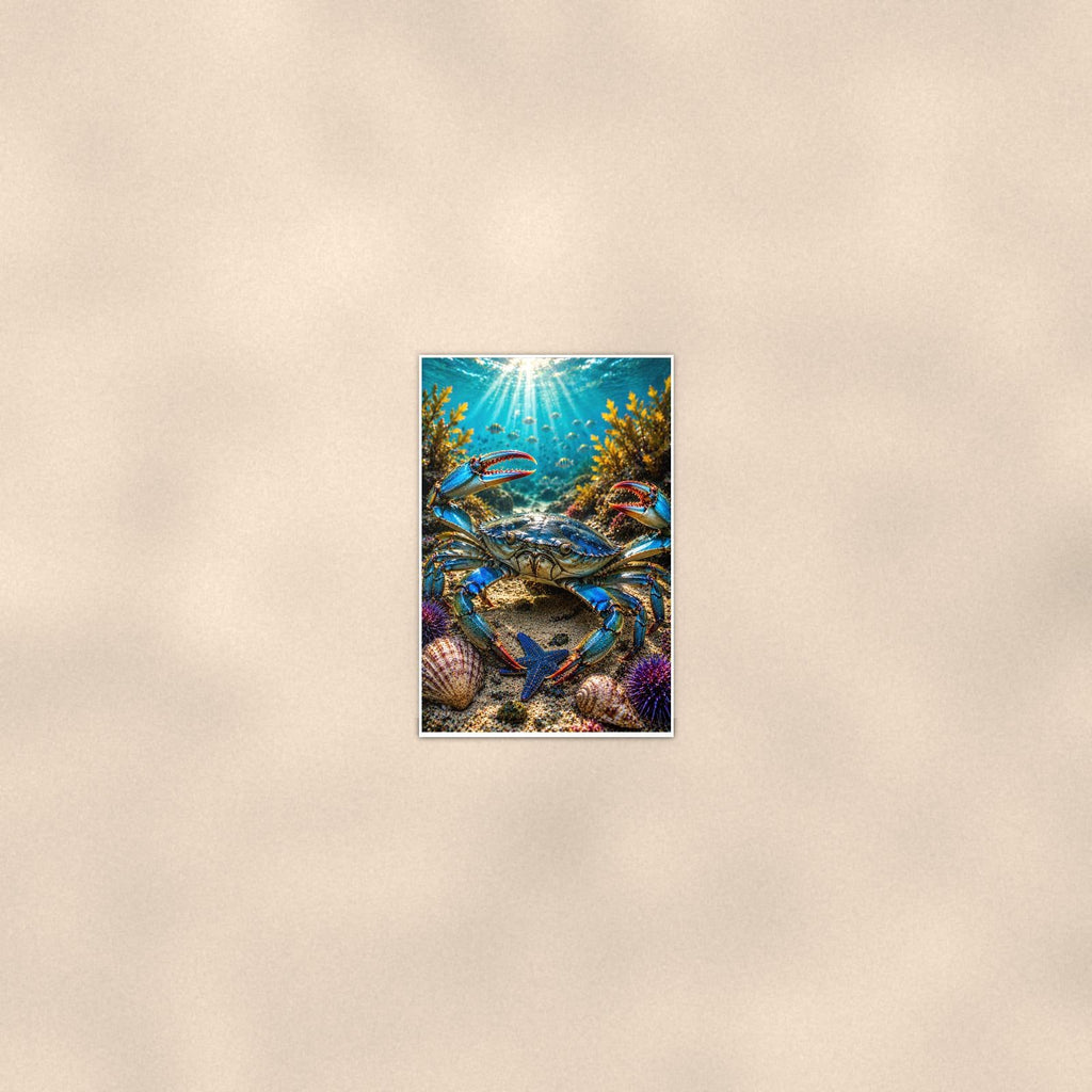 Blue Crab — 24x36 in art print poster, premium luster paper with a white border; poster seen from further back, at true 24x36 in scale on a warm wall.