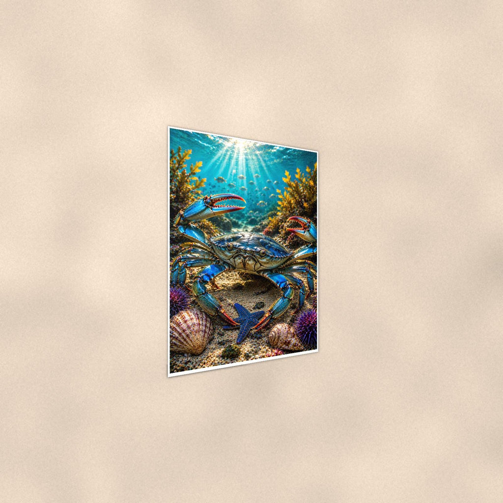 Blue Crab — 24x36 in art print poster, premium luster paper with a white border; steeper three-quarter angle on a warm wall, catching the luster sheen.
