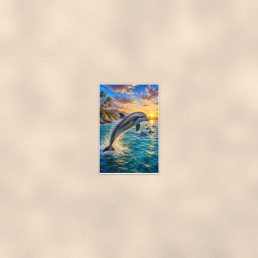 Dolphin Pod — 24x36 in art print poster, premium luster paper with a white border; poster seen from further back, at true 24x36 in scale on a warm wall.
