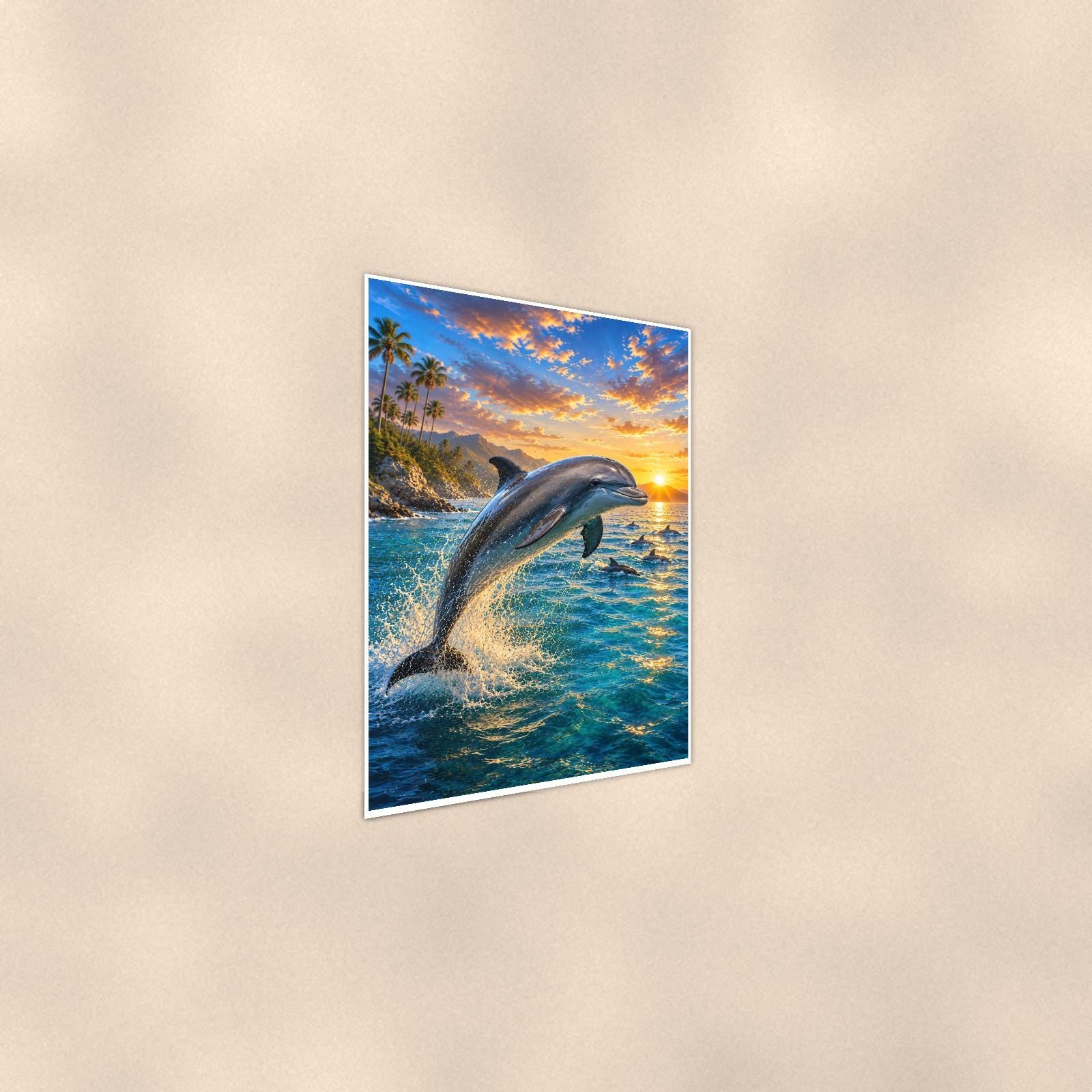 Dolphin Pod — 24x36 in art print poster, premium luster paper with a white border; steeper three-quarter angle on a warm wall, catching the luster sheen.