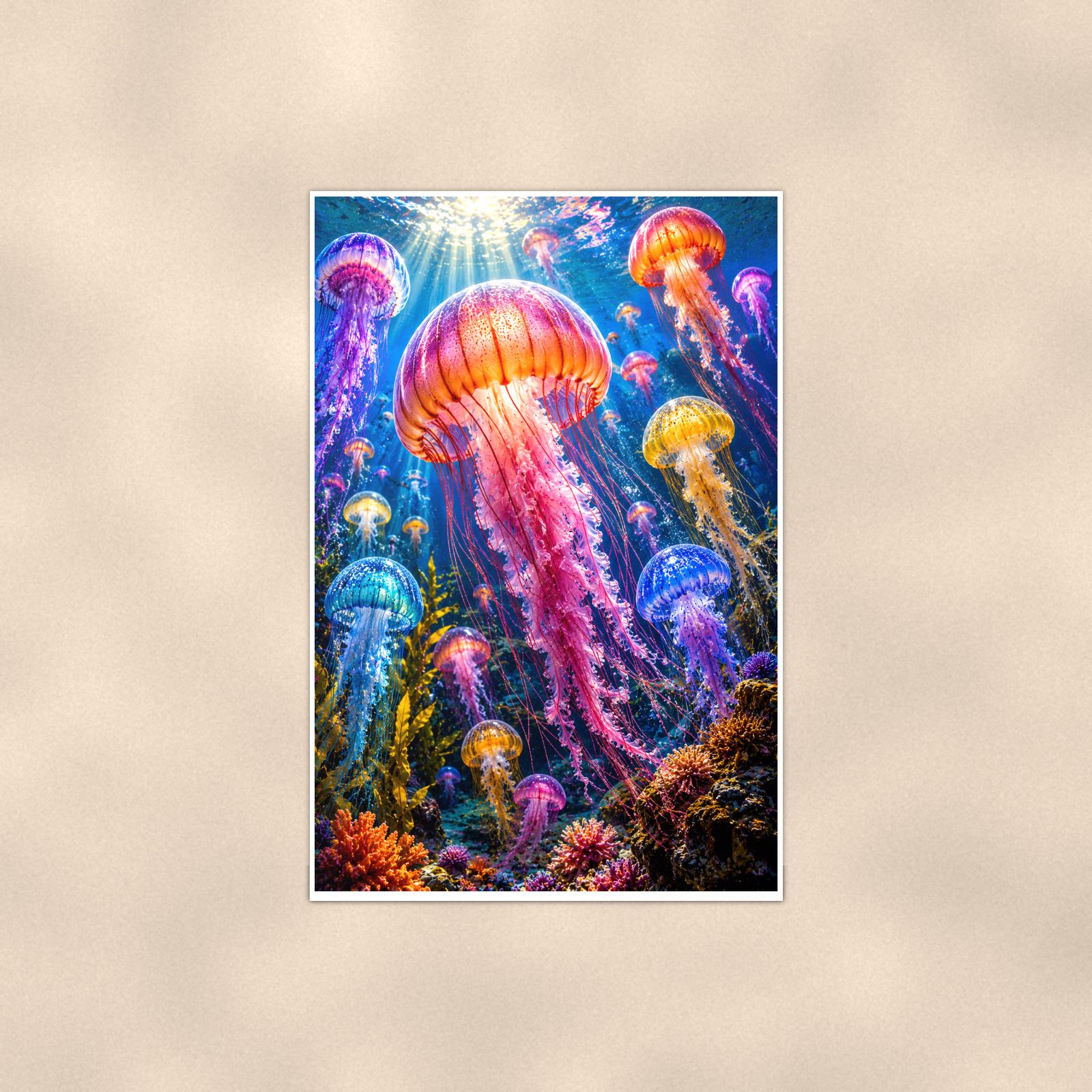 Jellyfish — 24x36 in art print poster, premium luster paper with a white border; poster shown straight on against a warm wall.