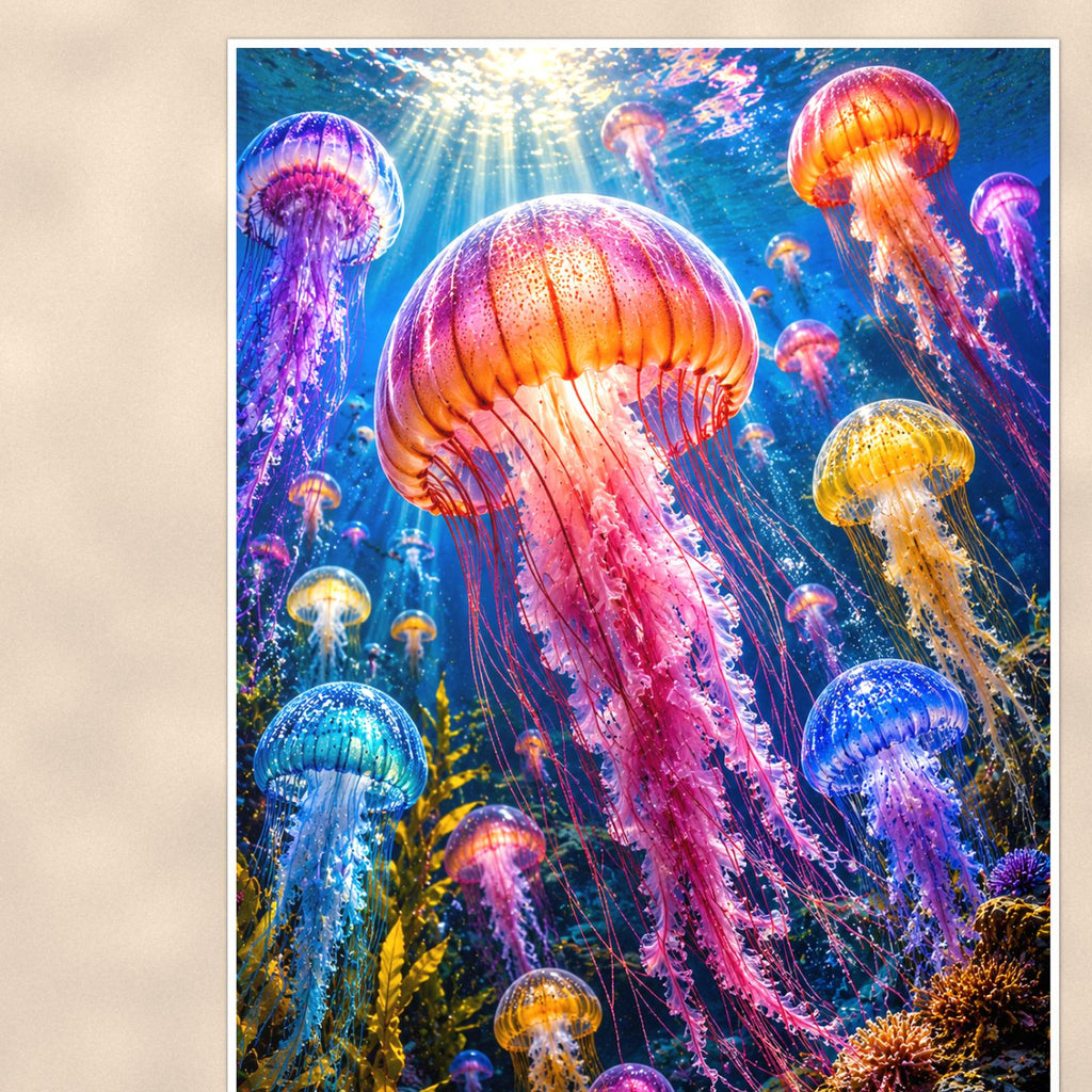 Jellyfish — 24x36 in art print poster, premium luster paper with a white border; close-up framed on the main subject of the artwork, paper surface visible.