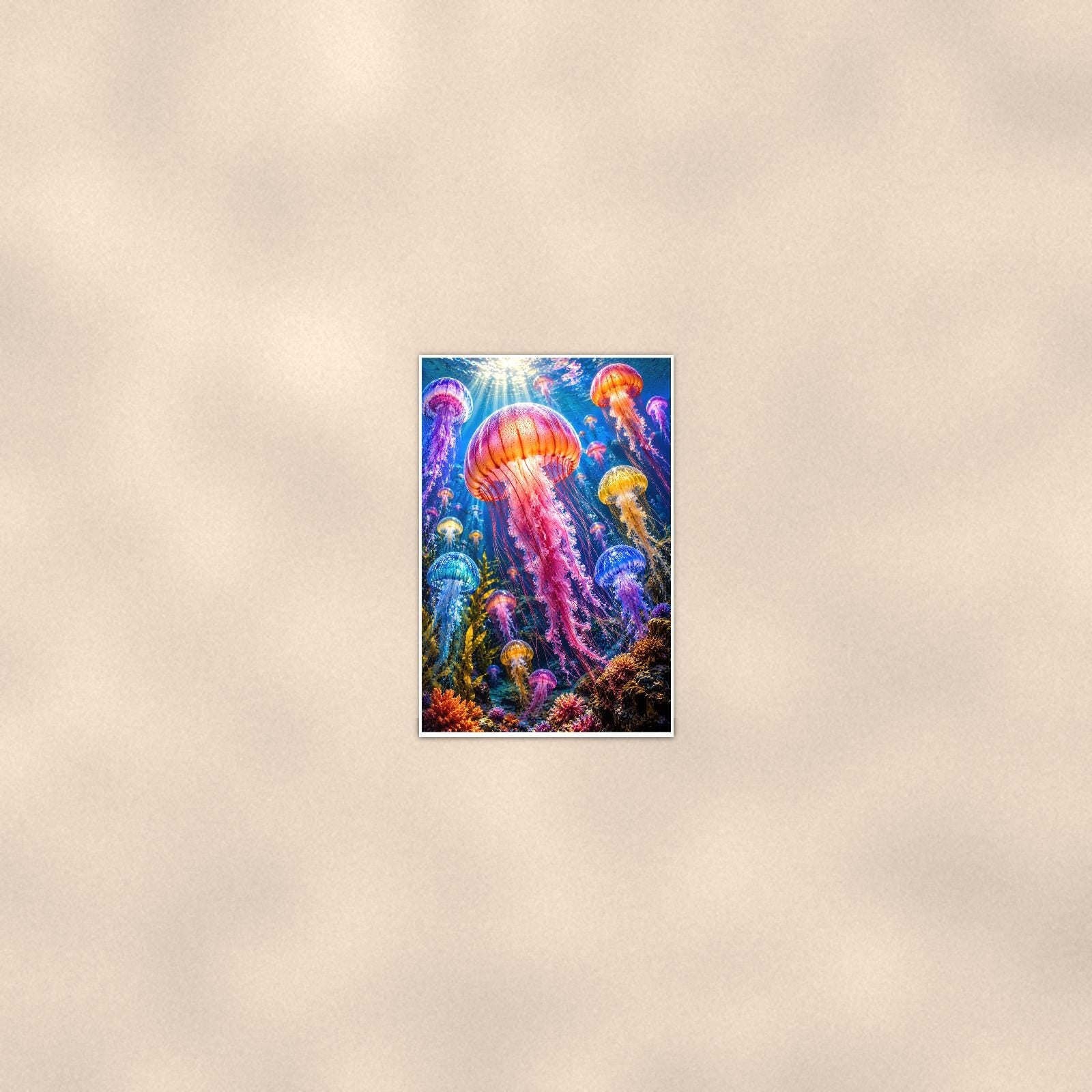 Jellyfish — 24x36 in art print poster, premium luster paper with a white border; poster seen from further back, at true 24x36 in scale on a warm wall.