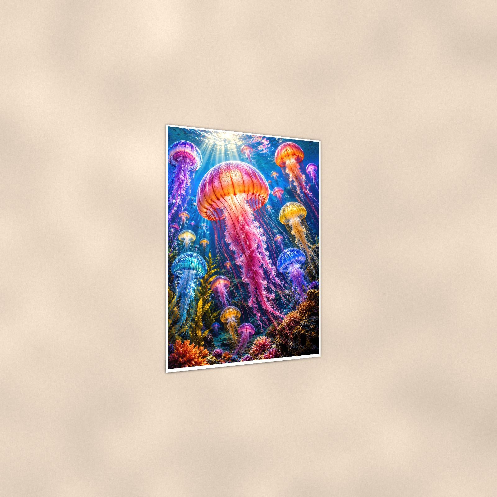 Jellyfish — 24x36 in art print poster, premium luster paper with a white border; gentle three-quarter angle on a warm wall, showing the flat paper edge.
