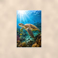 Sea Turtle Portrait — 24x36 in art print poster, premium luster paper with a white border; poster shown straight on against a warm wall.