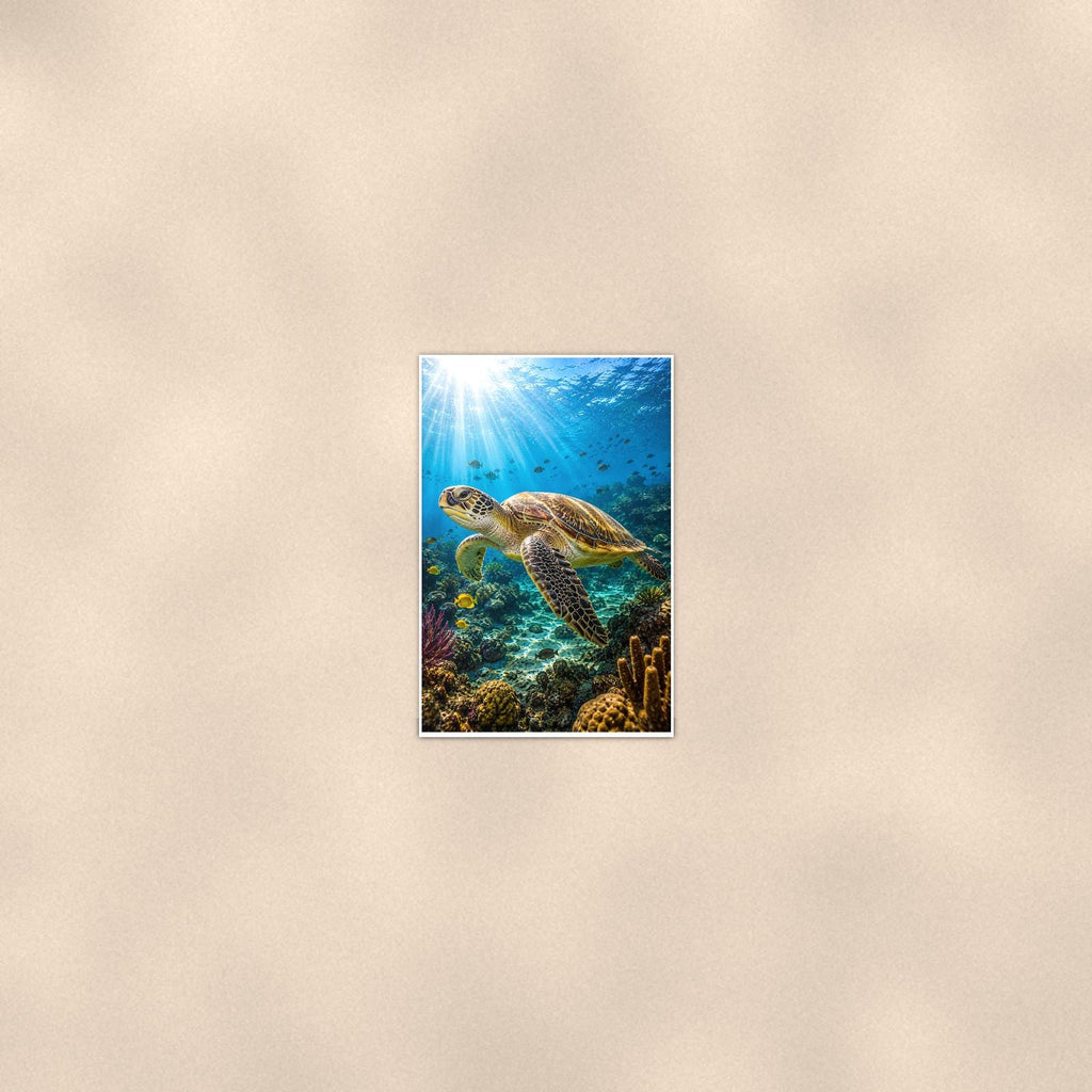 Sea Turtle Portrait — 24x36 in art print poster, premium luster paper with a white border; poster seen from further back, at true 24x36 in scale on a warm wall.