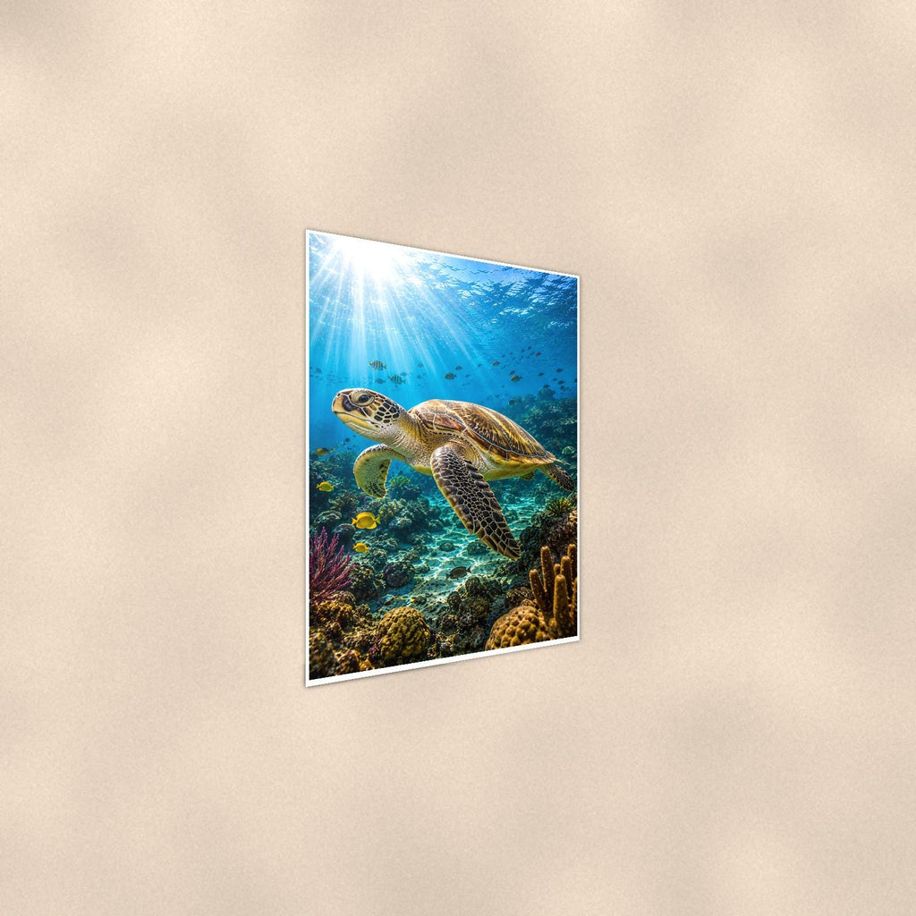 Sea Turtle Portrait — 24x36 in art print poster, premium luster paper with a white border; steeper three-quarter angle on a warm wall, catching the luster sheen.