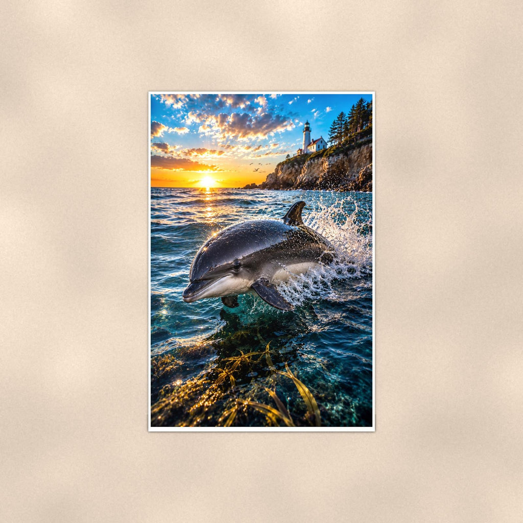 Dolphin Duo — 24x36 in art print poster, premium luster paper with a white border; poster shown straight on against a warm wall.