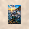 Dolphin Duo — 24x36 in art print poster, premium luster paper with a white border; poster shown straight on against a warm wall.