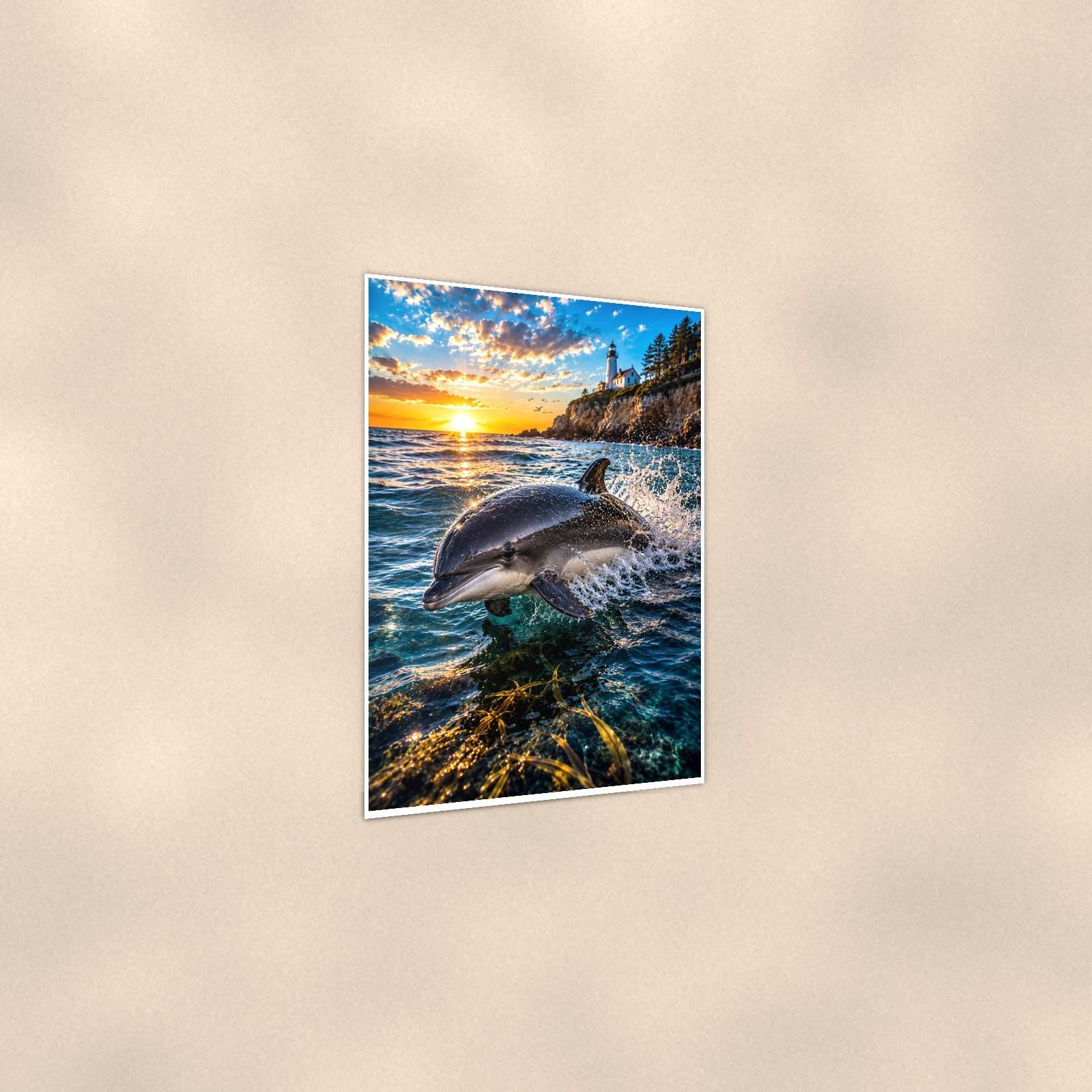 Dolphin Duo — 24x36 in art print poster, premium luster paper with a white border; gentle three-quarter angle on a warm wall, showing the flat paper edge.
