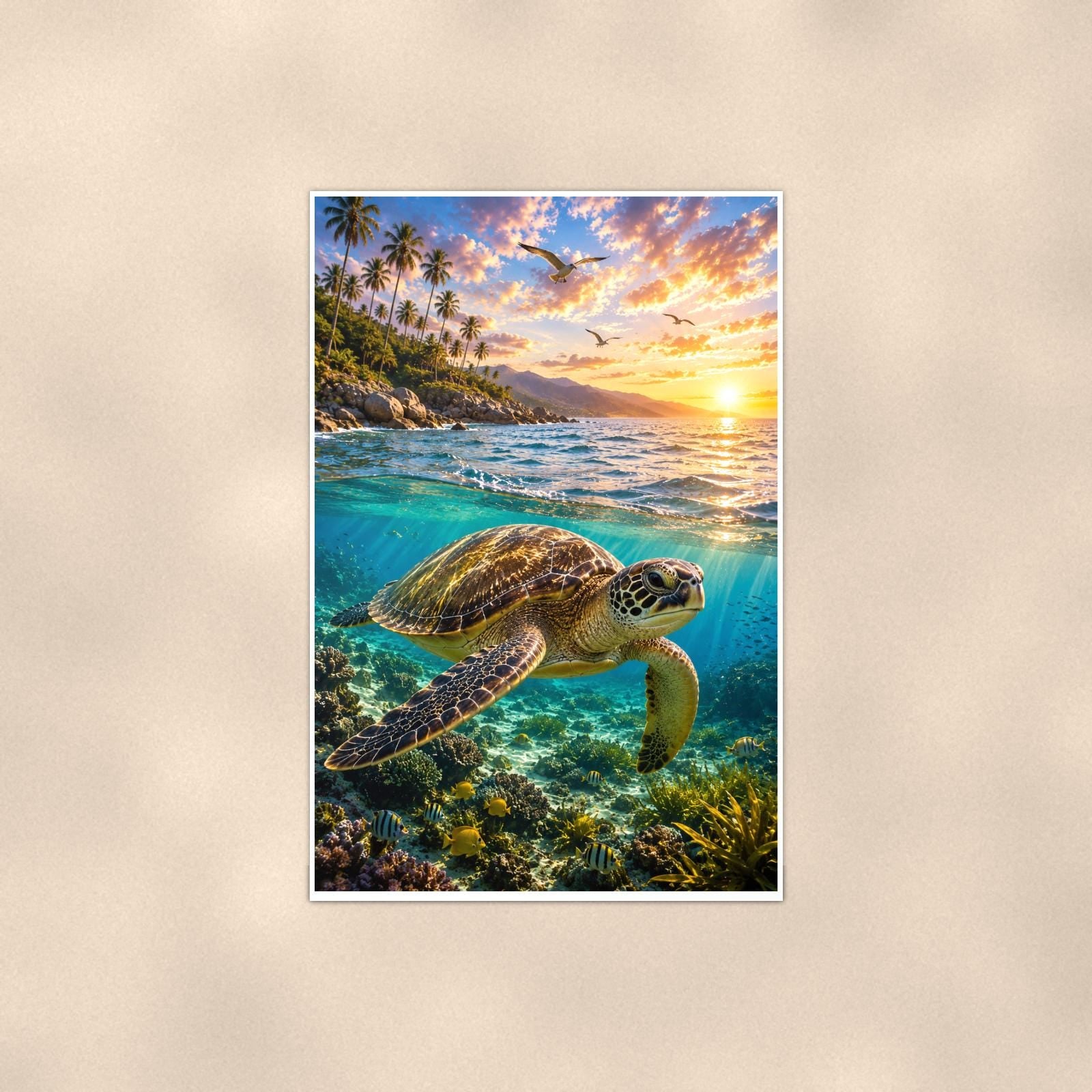 Sea Turtle Diving — 24x36 in art print poster, premium luster paper with a white border; poster shown straight on against a warm wall.