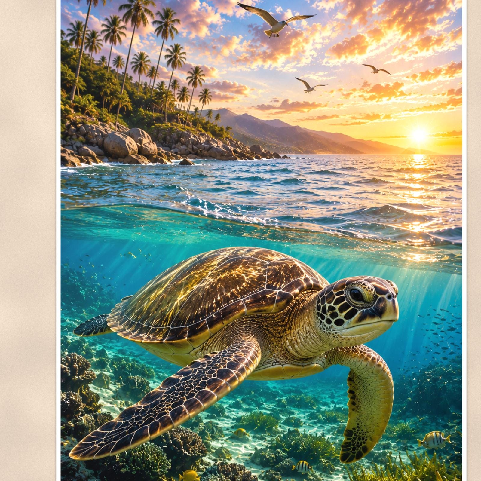 Sea Turtle Diving — 24x36 in art print poster, premium luster paper with a white border; close-up framed on the main subject of the artwork, paper surface visible.