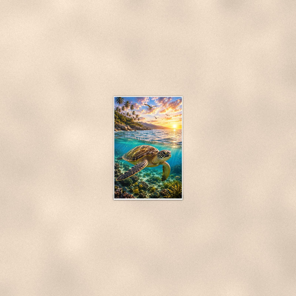 Sea Turtle Diving — 24x36 in art print poster, premium luster paper with a white border; poster seen from further back, at true 24x36 in scale on a warm wall.
