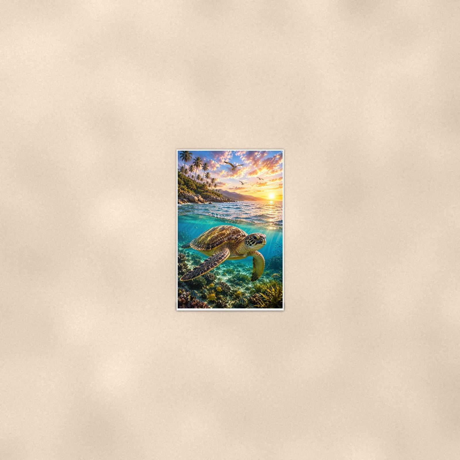 Sea Turtle Diving — 24x36 in art print poster, premium luster paper with a white border; poster seen from further back, at true 24x36 in scale on a warm wall.