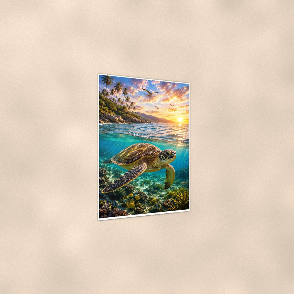 Sea Turtle Diving — 24x36 in art print poster, premium luster paper with a white border; gentle three-quarter angle on a warm wall, showing the flat paper edge.