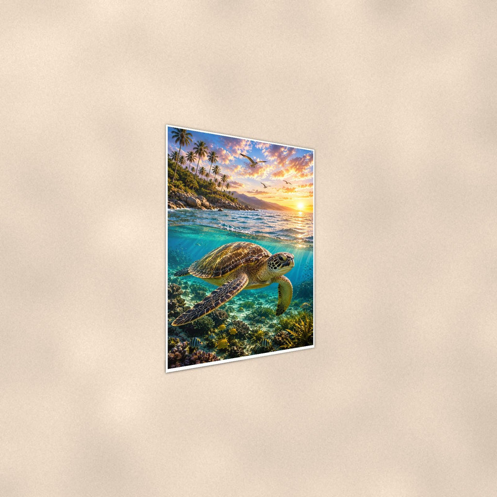 Sea Turtle Diving — 24x36 in art print poster, premium luster paper with a white border; steeper three-quarter angle on a warm wall, catching the luster sheen.