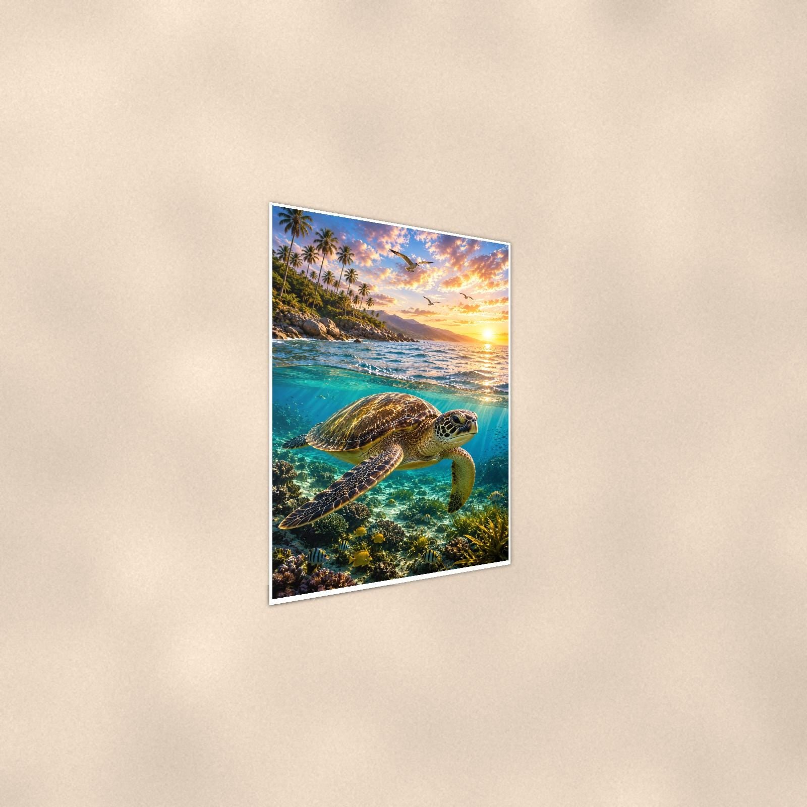 Sea Turtle Diving — 24x36 in art print poster, premium luster paper with a white border; steeper three-quarter angle on a warm wall, catching the luster sheen.