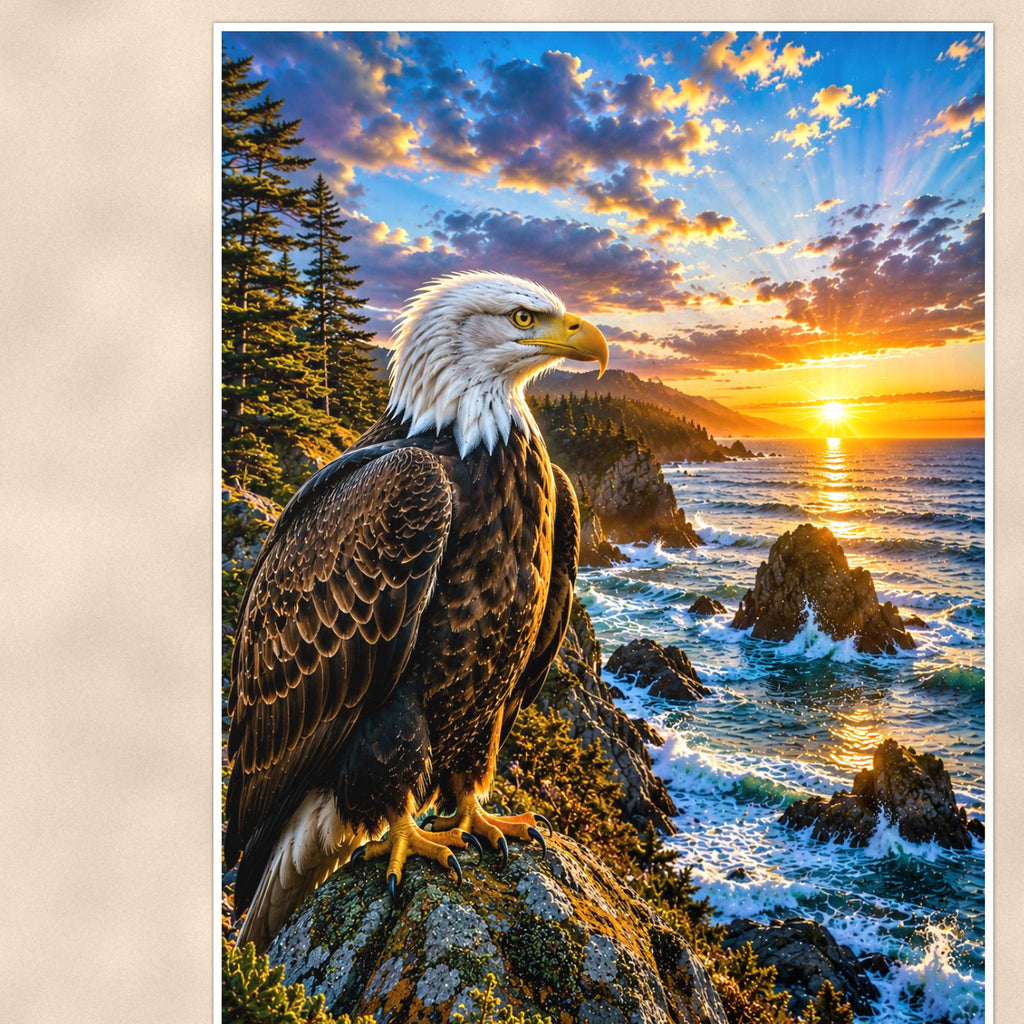 Bald Eagle Portrait — 24x36 in art print poster, premium luster paper with a white border; close-up framed on the main subject of the artwork, paper surface visible.