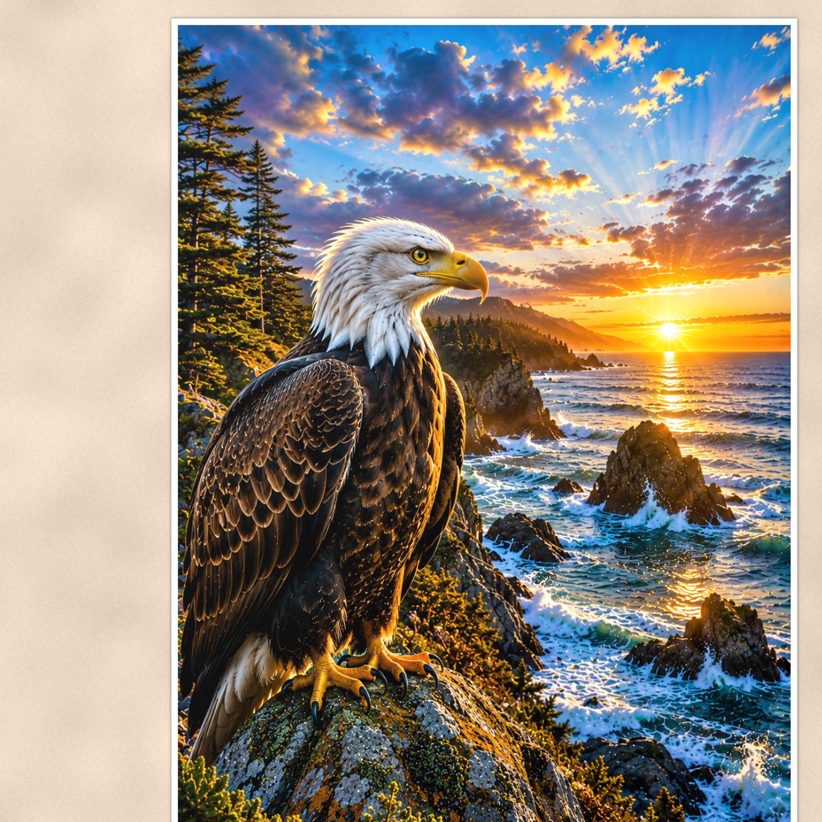 Bald Eagle Portrait — 24x36 in art print poster, premium luster paper with a white border; close-up framed on the main subject of the artwork, paper surface visible.
