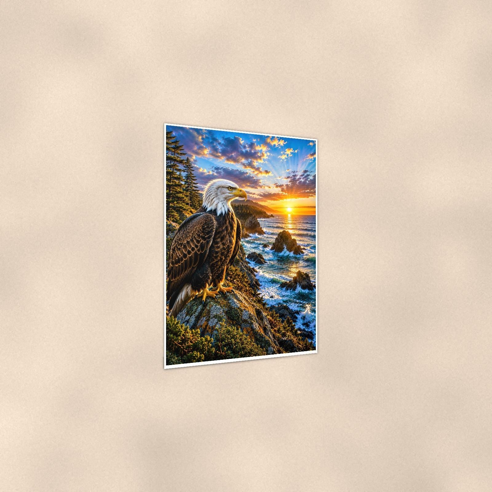 Bald Eagle Portrait — 24x36 in art print poster, premium luster paper with a white border; gentle three-quarter angle on a warm wall, showing the flat paper edge.