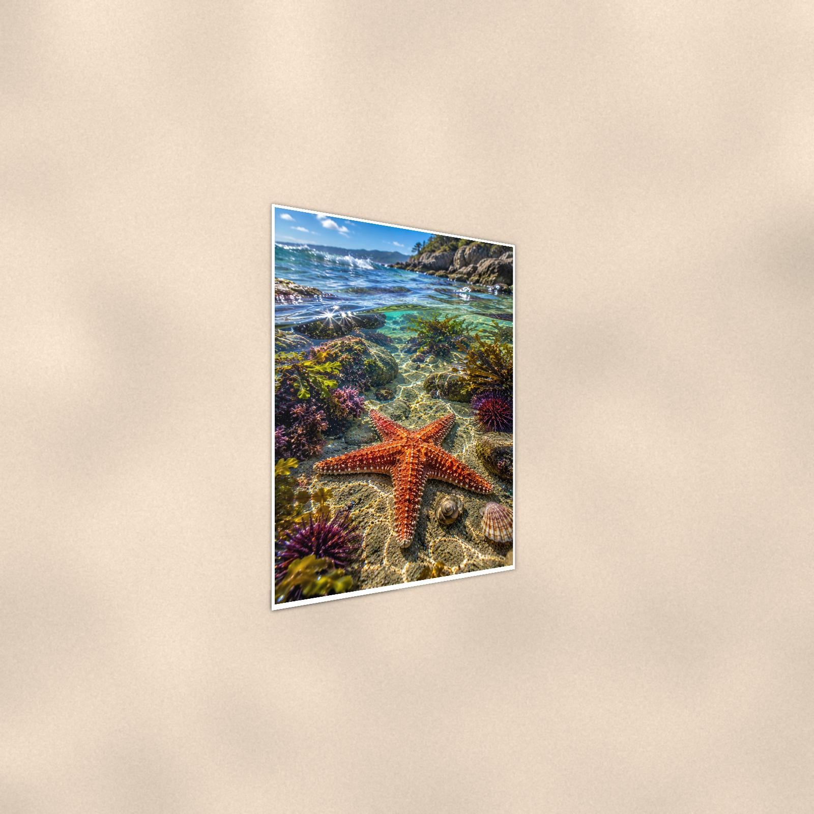 Starfish — 24x36 in art print poster, premium luster paper with a white border; steeper three-quarter angle on a warm wall, catching the luster sheen.