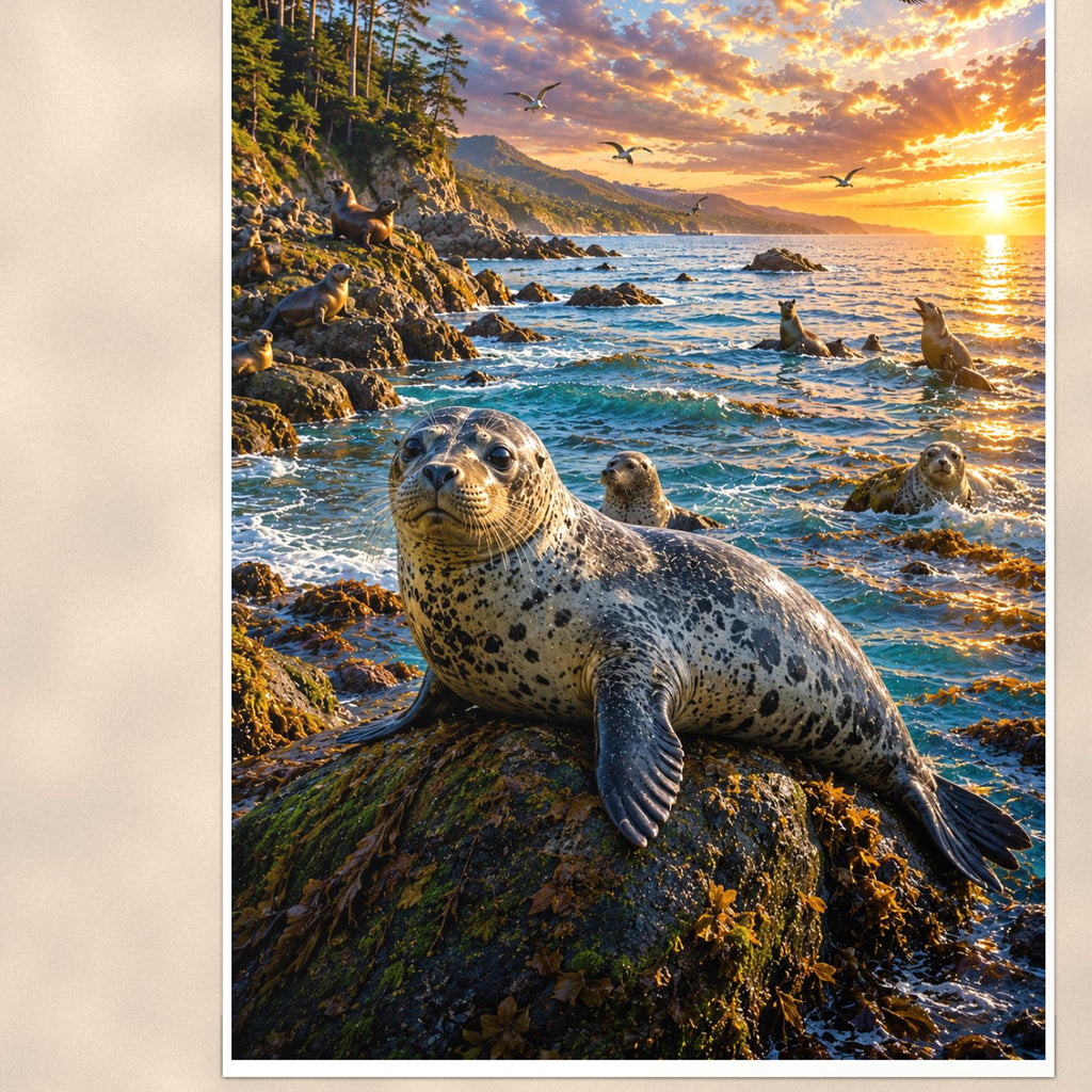 Seal — 24x36 in art print poster, premium luster paper with a white border; close-up framed on the main subject of the artwork, paper surface visible.