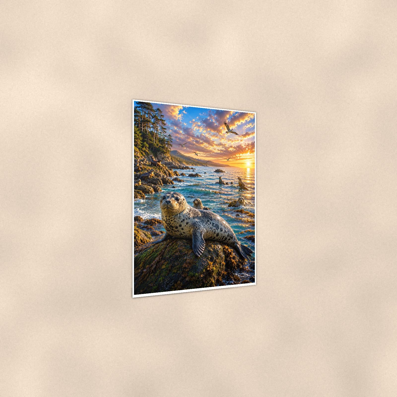 Seal — 24x36 in art print poster, premium luster paper with a white border; gentle three-quarter angle on a warm wall, showing the flat paper edge.
