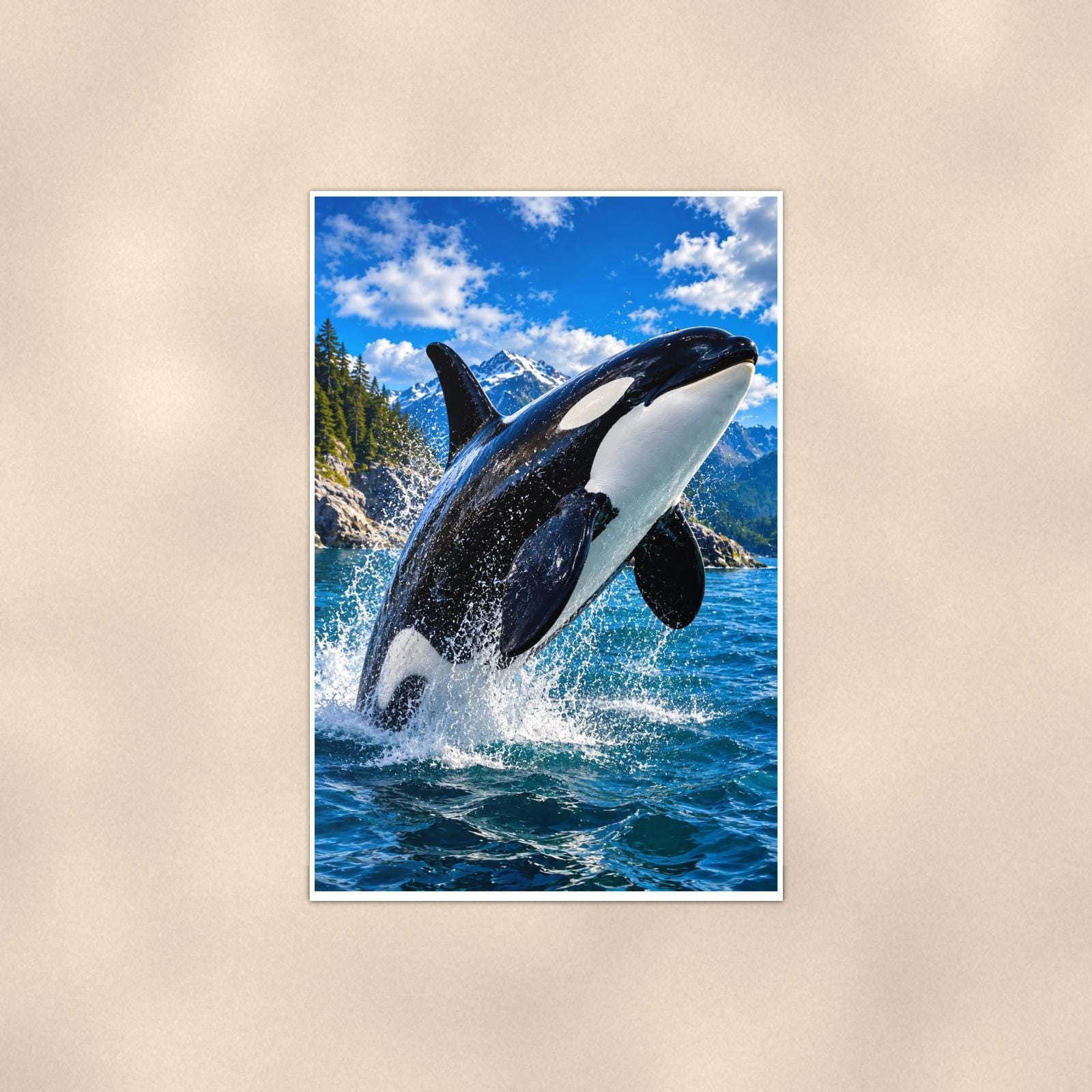 Orca Pod — 24x36 in art print poster, premium luster paper with a white border; poster shown straight on against a warm wall.