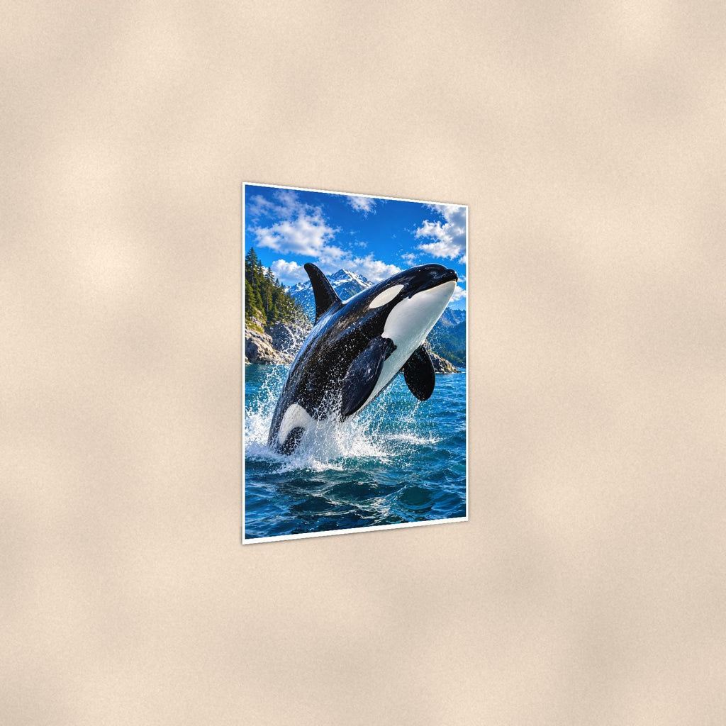 Orca Pod — 24x36 in art print poster, premium luster paper with a white border; gentle three-quarter angle on a warm wall, showing the flat paper edge.
