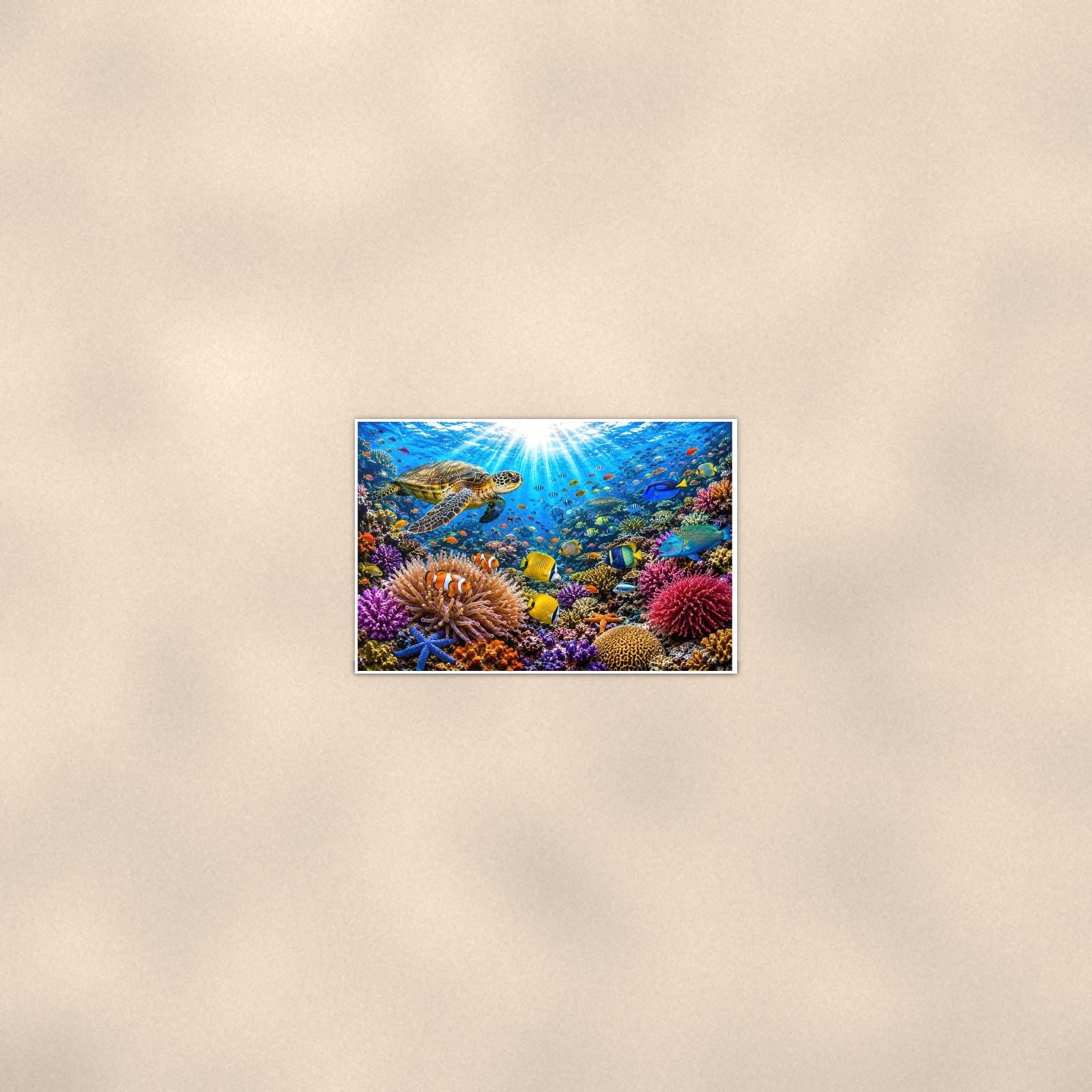 Coral Reef Study — 36x24 in art print poster, premium luster paper with a white border; poster seen from further back, at true 24x36 in scale on a warm wall.